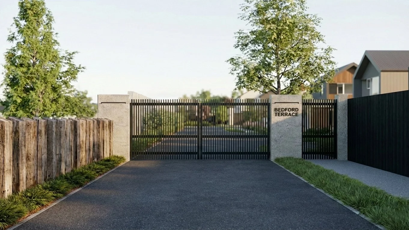 3D render showing a view of a gated entrance of a house development site flanked by concrete columns and black metal fencing, with trees and residential houses in the background.