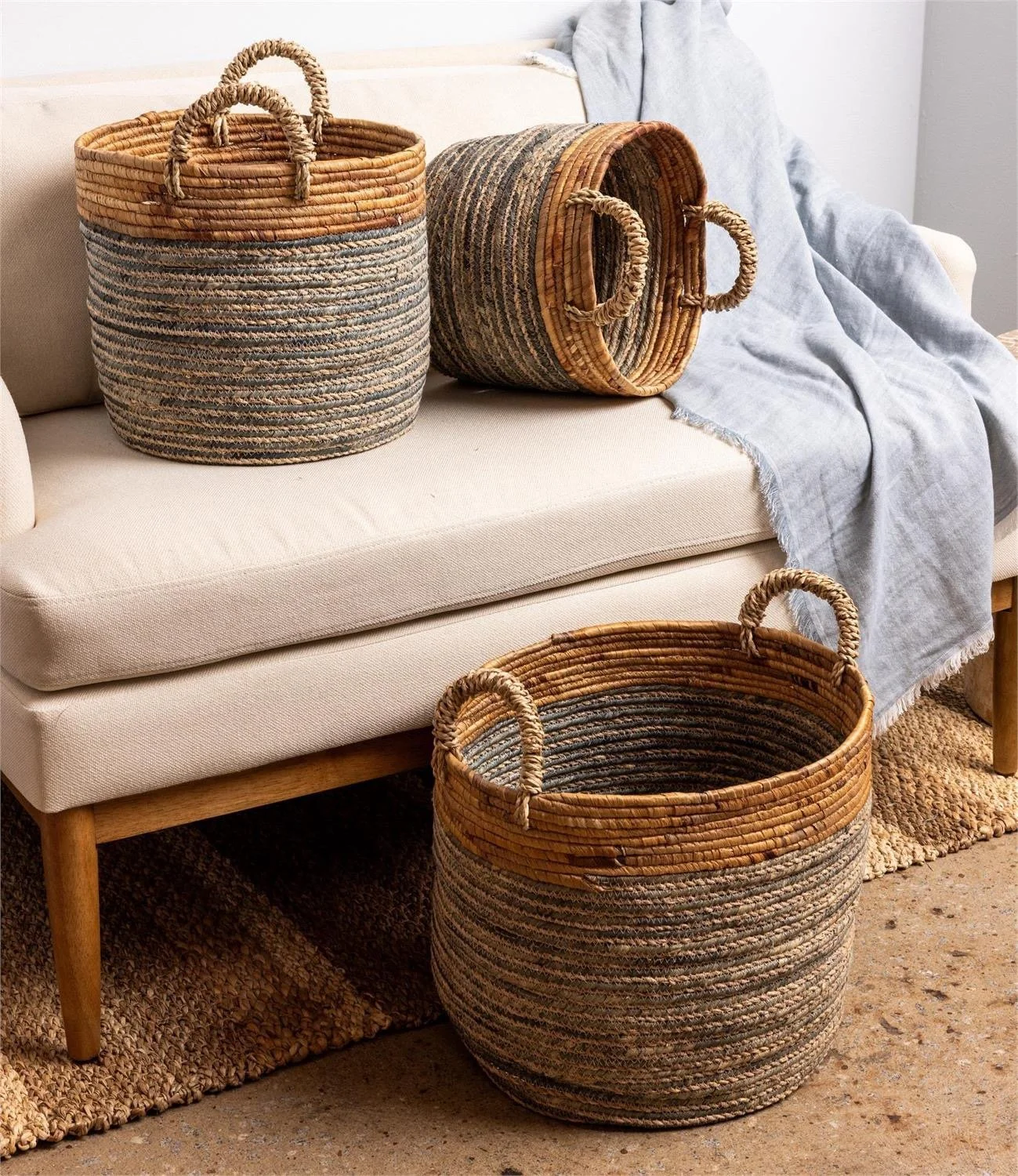 Dusty Blue and Natural Coiled Baskets - Set/3