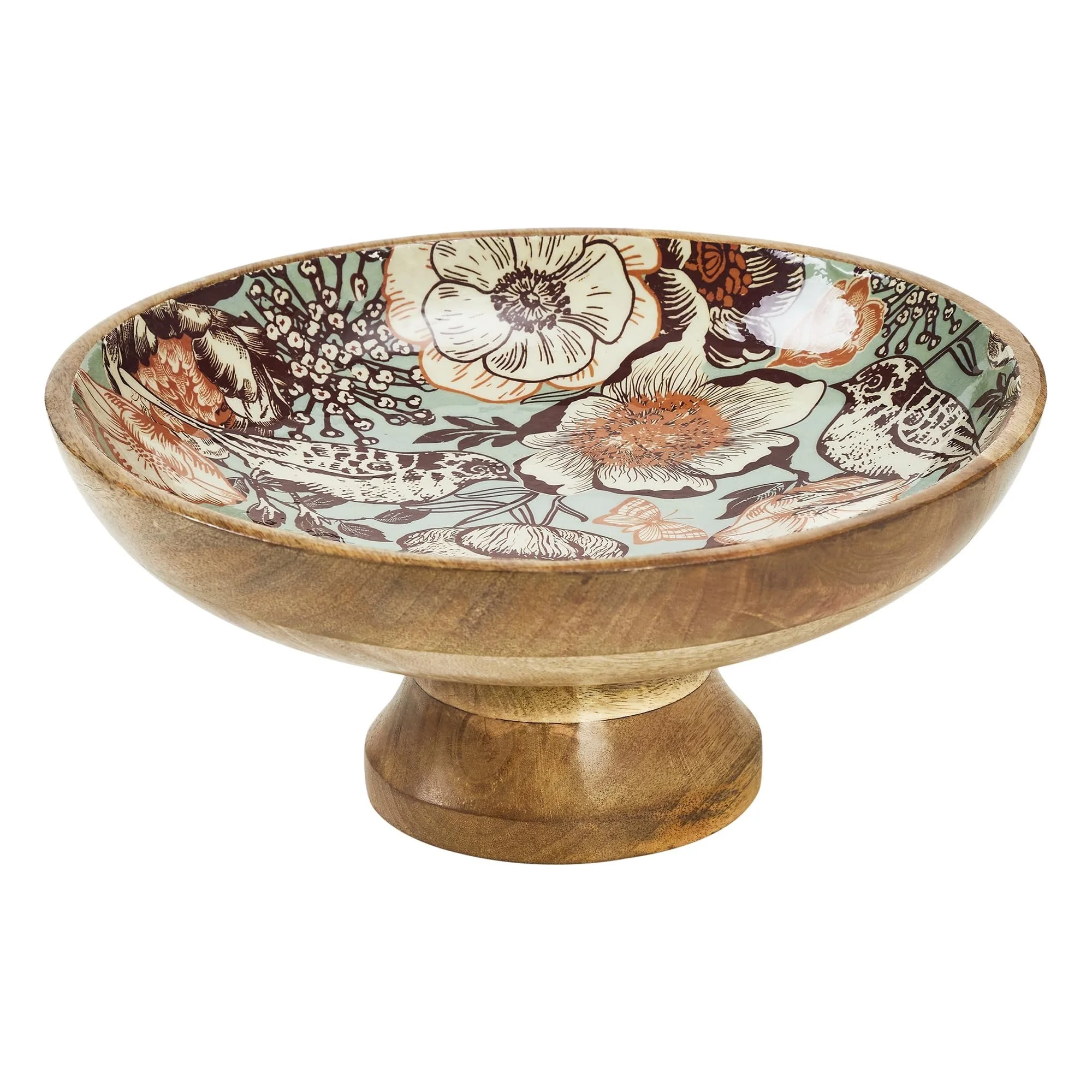 Natural with Bird Print Wooden Bowl