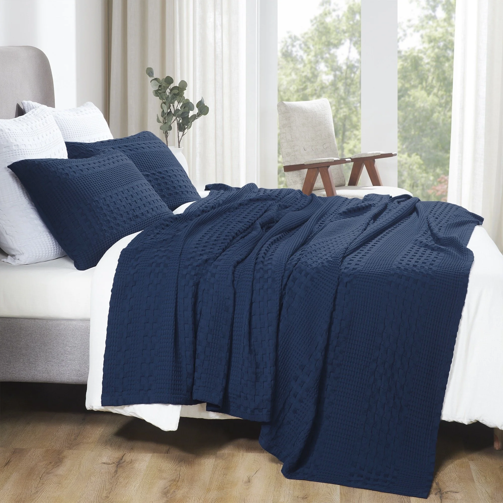 Waffle Weave Navy Blue Blanket