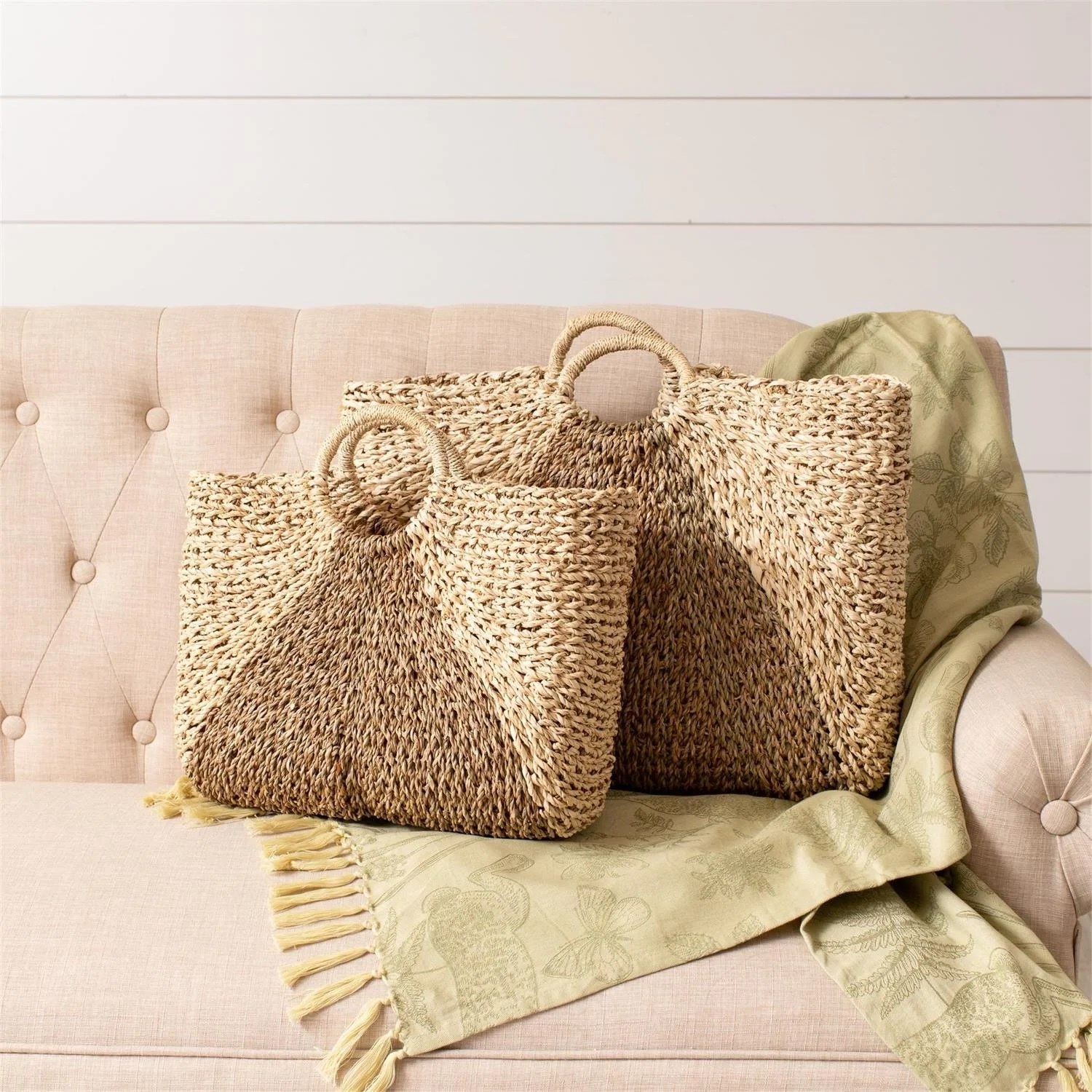 Natural & Cream Seagrass Tote Bag - Set/2