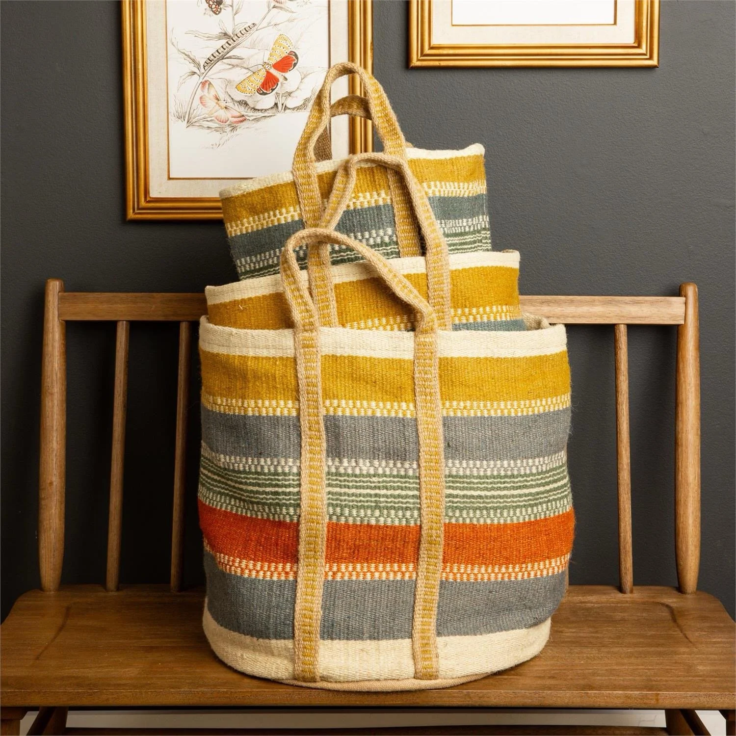 Tan, Rust and Blue Striped Jute Bag Tote