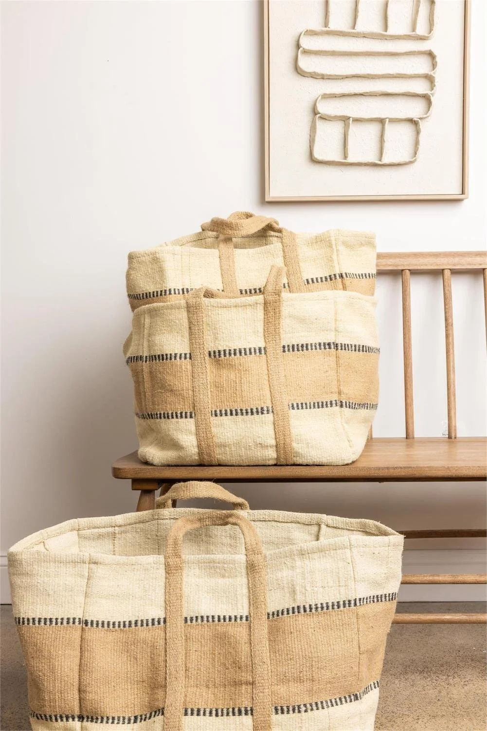 Tan & White Striped Jute Tote Bag - Set/3