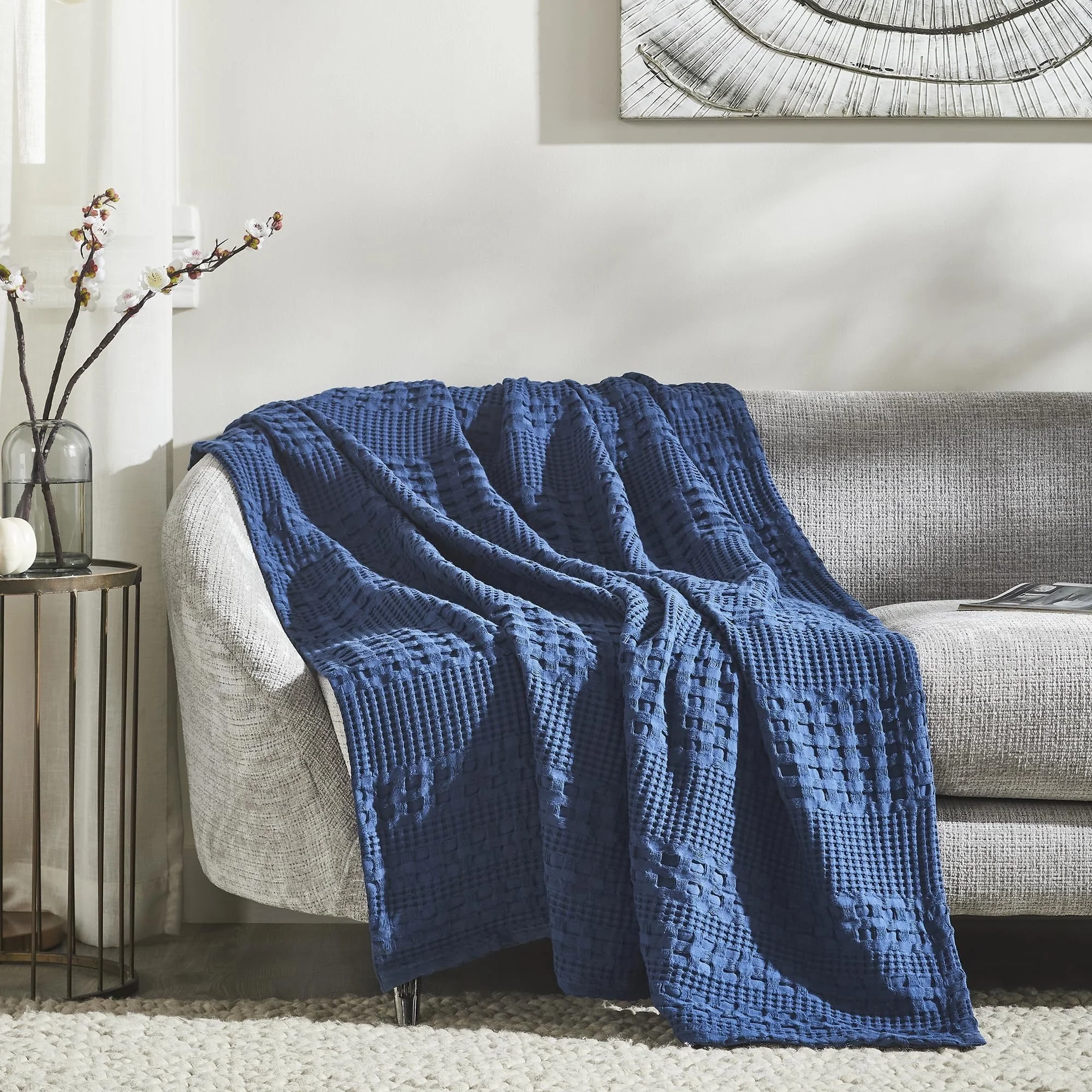 Waffle Weave Navy Blue Throw