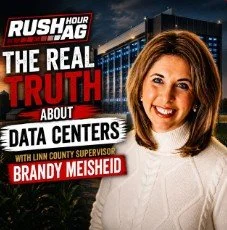 Promotional graphic for a show titled 'Rush Hour Truth' about data centers, featuring Brandy Meisheid, with a photo of a woman smiling and a modern building in the background.
