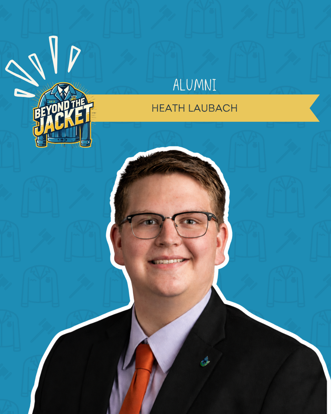 Young man in a dark blue jacket with an FFA emblem, white shirt, and tie, featured on a blue background with related icons, with text indicating this person is Blake Cossey, an alumni of 'Beyond the Jacket' program.