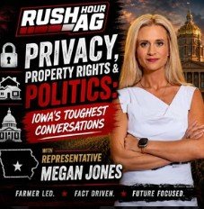 Image features a woman with blonde hair in a white shirt standing with her arms crossed, alongside text about Rush Hour AG, privacy, property rights, politics, Iowa's tough conversations, and featuring Megan Jones as a representative.