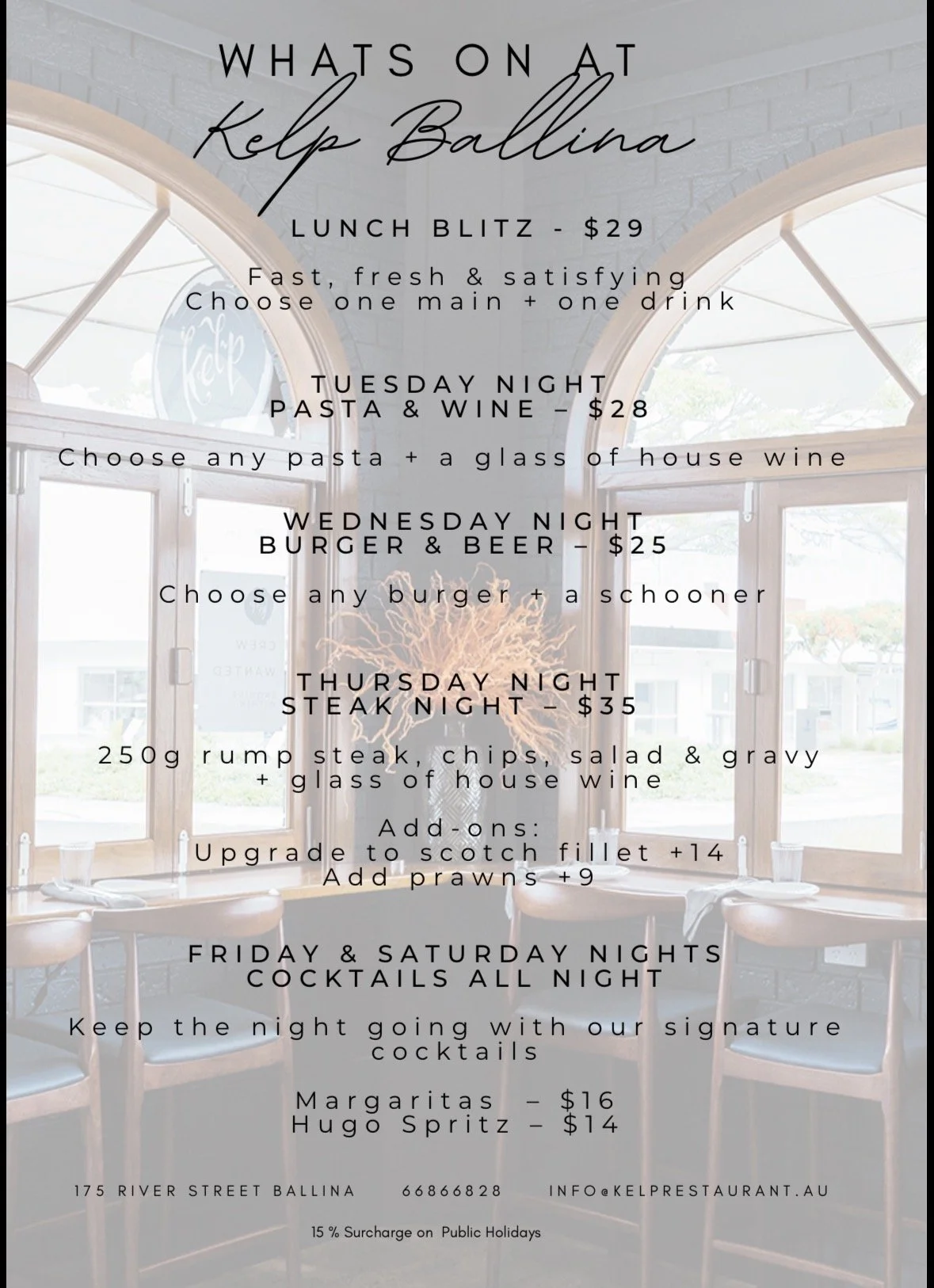 Restaurant menu listing daily specials and prices, including lunch blitz, pasta & wine night, burger & beer night, steak night, and cocktail options, with background of a restaurant interior.