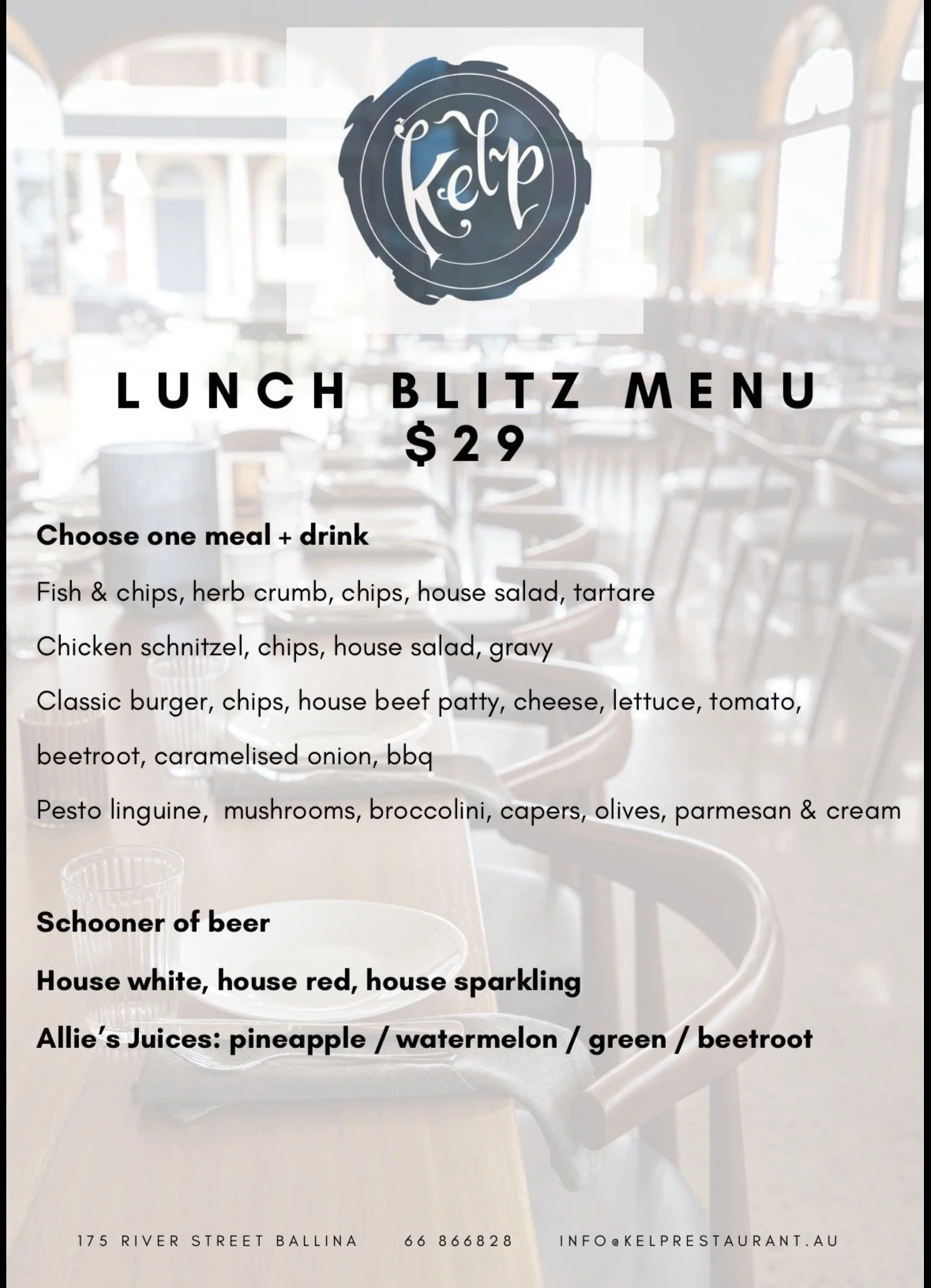 A restaurant lunch menu offering a choice of a meal and drink for $29, featuring options such as fish and chips, chicken schnitzel, a classic burger, or pesto linguine, with a list of beverage options including house white, house red, and sparkling w