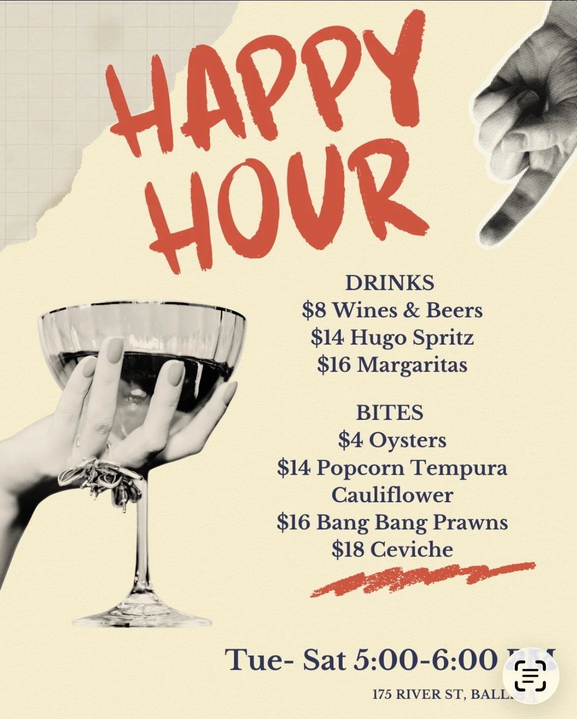 A restaurant or bar menu with the title 'HAPPY HOUR' in large red letters. The menu lists drinks including wines and beers for $8, Hugo Spritz for $14, and Margaritas for $16. Food bites include oysters for $4, popcorn tempura cauliflower, bang bang 