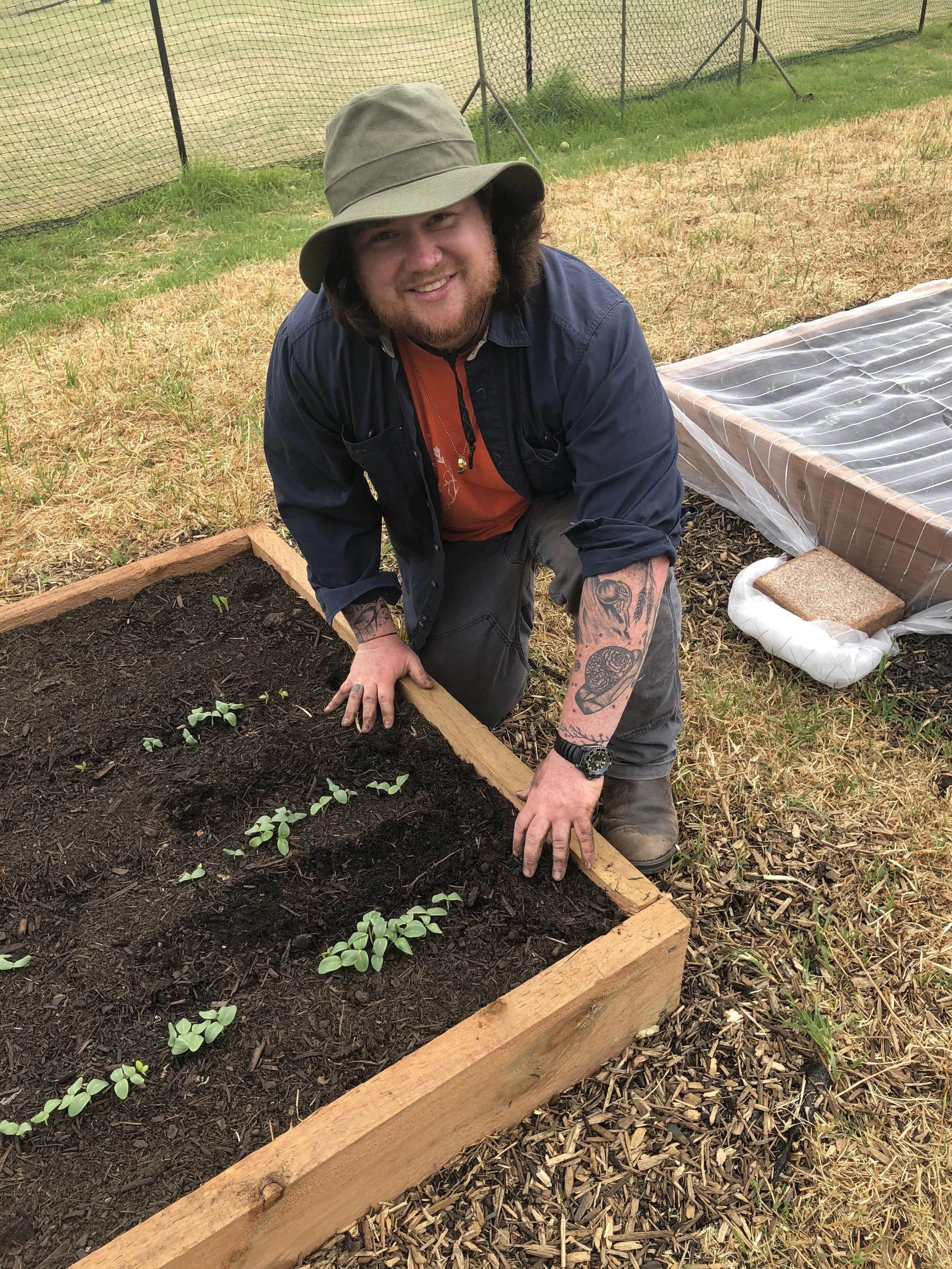 A man with tattoos, wearing a hat, crouching next to a raised wooden garden bed with small green seedlings, on a lawn with a fence in the background.