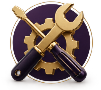 A wrench and screwdriver crossed over a gear with a dark background