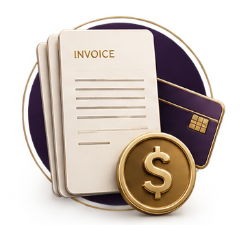 Stack of invoices, a credit card, and a dollar sign coin on a dark circular background.