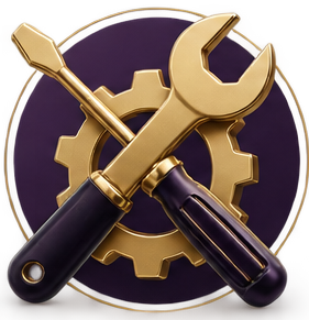 Tools including a screwdriver and wrench crossed in front of a gear and a circular background.