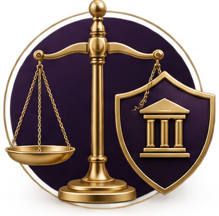 Gold scales of justice with a shield featuring a courthouse icon in the background