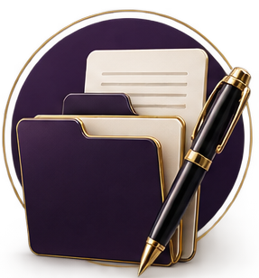 A purple organization folder with gold edges, a pen, and a laptop or notebook on a dark circular surface.