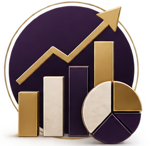 A graphical representation of business growth with a bar chart, pie chart, and upward arrow