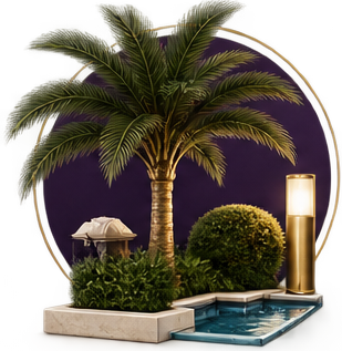 Indoor scene with a large potted palm tree, a spherical topiary, a small white sculpture, a fountain, and a wall-mounted lamp on a beige wall with purple and gold accents.