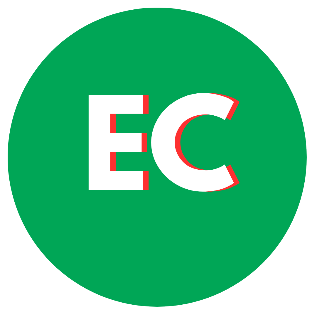 Green circle with large white letters 'EC' outlined in red.