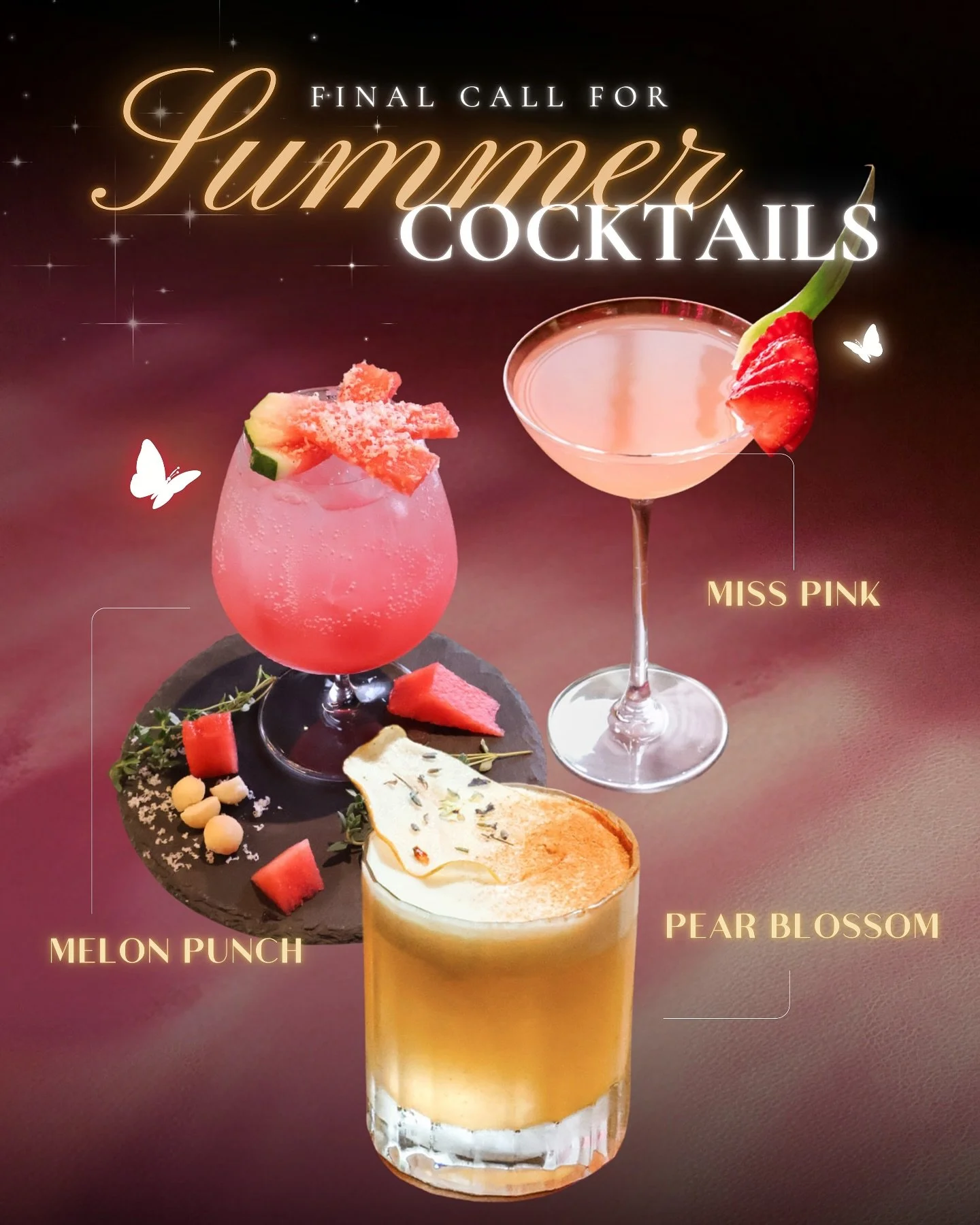Last call for our summer cocktails! 🍹☀️ Don&rsquo;t miss your final chance to sip on these sunny flavours before the season changes!

🌺Pear Blossom: A refreshing and floral cocktail with delicate pear notes

🍉Watermelon Punch: A juicy and vibrant 