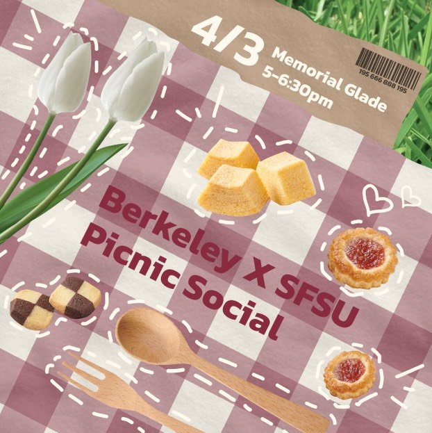 SFSU Picnic Social 🧺🌷

Join us for a fun picnic with students from SFSU!
Meet new friends, relax, and enjoy a beautiful evening together.

📍 Location: Memorial Glade
🕔 Time: 5:00&ndash;6:30 PM

Bring your friends and come hang out with us! 🧺

&m