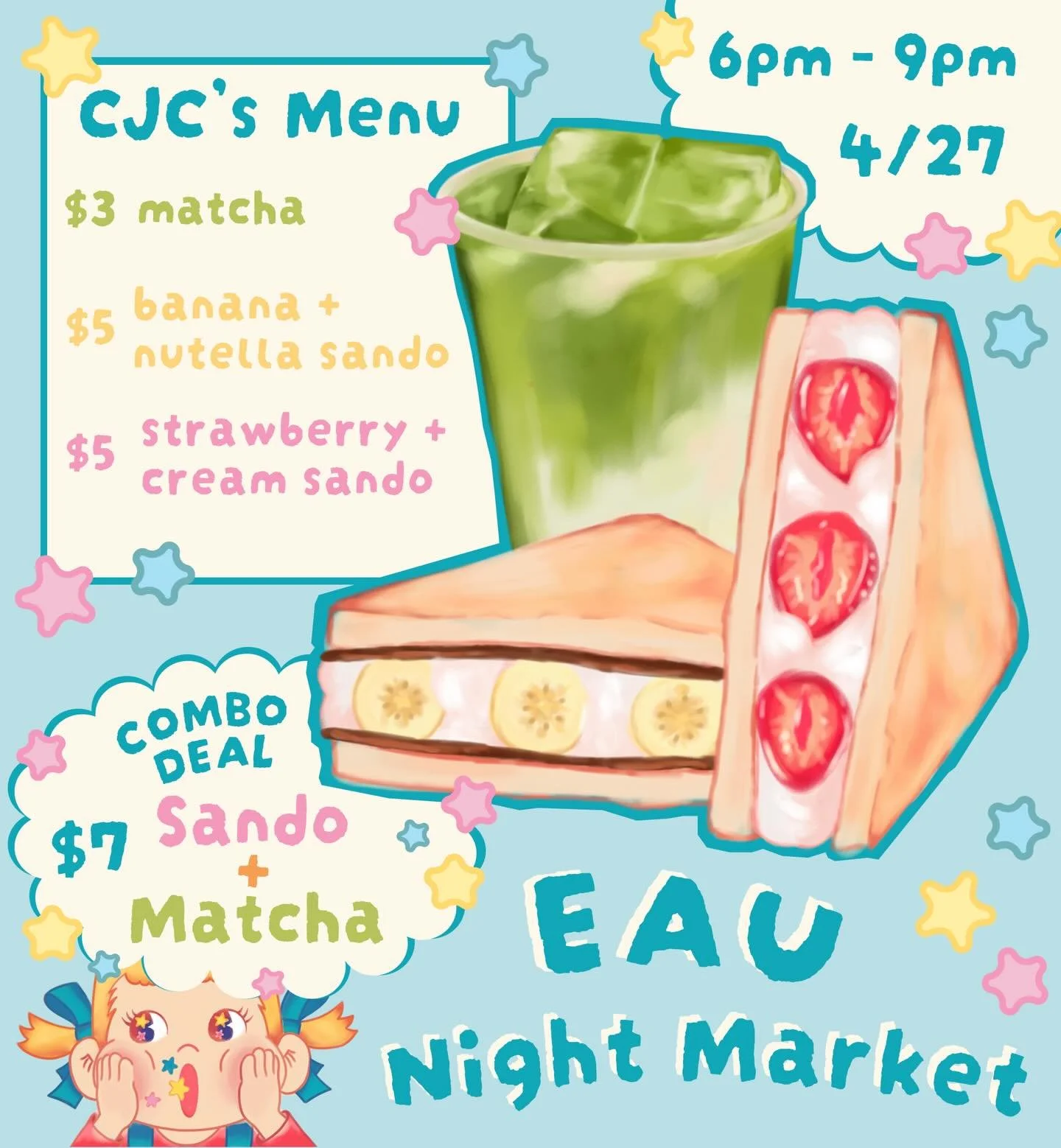 🌙✨ East Asian Union Night Market @ Lower Sproul ✨🌙
📅 4/27 at 6-9PM 📅

Come visit CJC for a taste of sweet street treats!!!
🍌 Banana &amp; Nutella Sando &mdash; $5
🍓Strawberry &amp; Cream Sando &mdash; $5
🍵 Matcha &mdash; $3
💥 Combo Deal &mdas