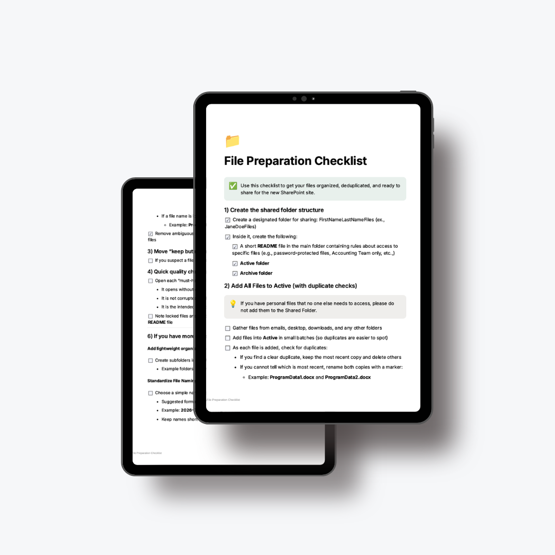 Digital tablet displaying a document titled 'File Preparation Checklist' with checkboxes and instructions about organizing files for SharePoint sharing.