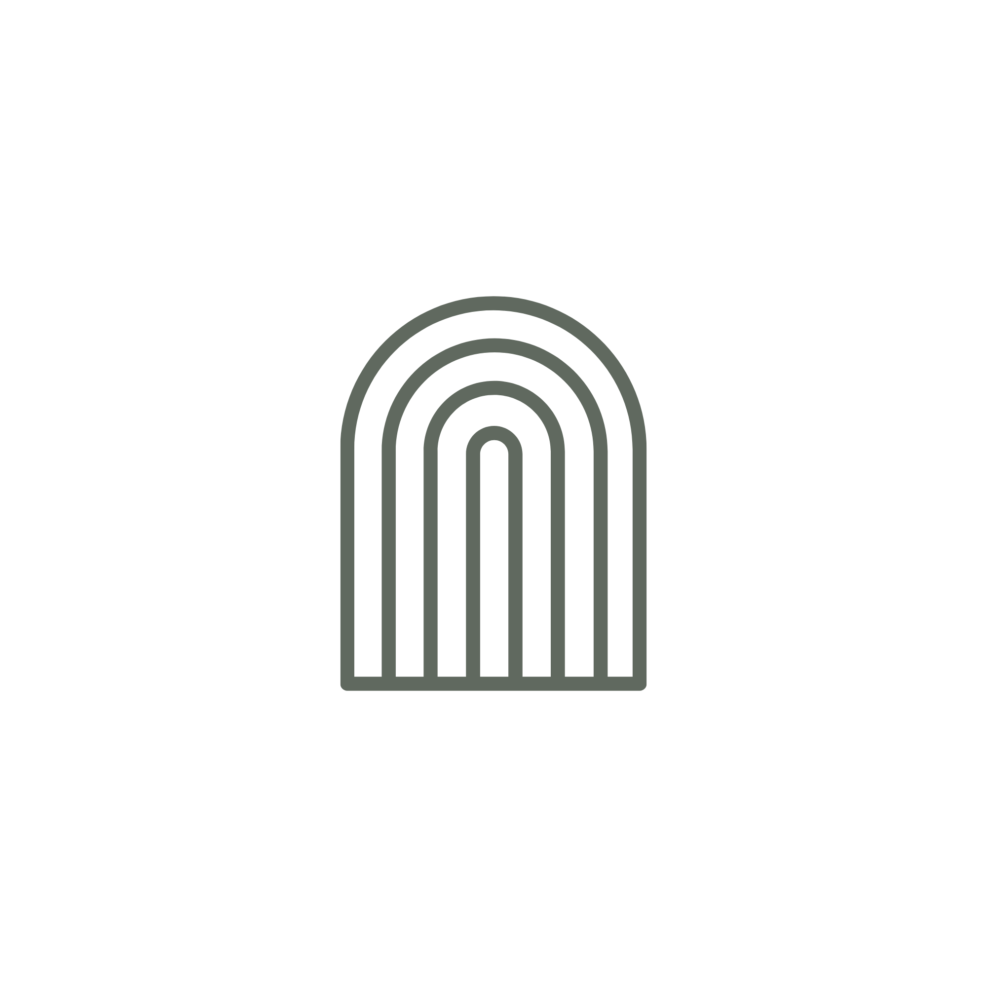 Geometric drawing of an outline square with sections divided by vertical, horizontal, and half circle lines.