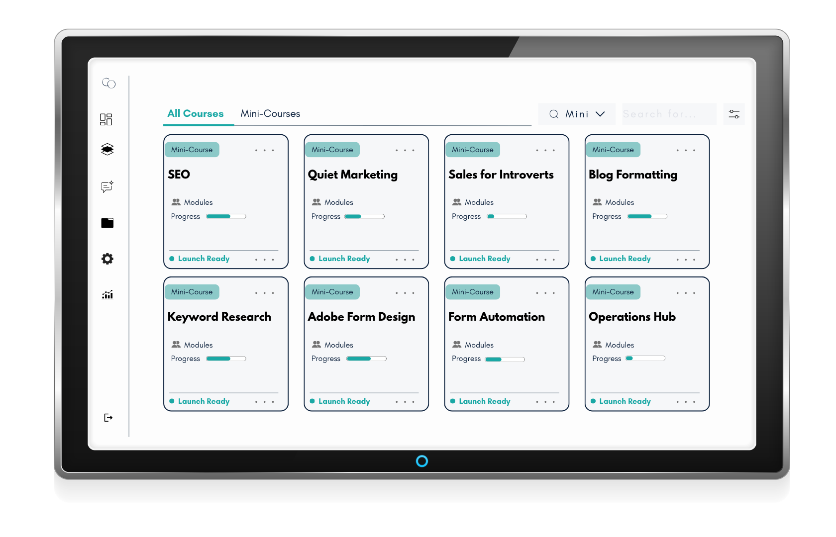 Tablet screen displaying an online course platform with various mini-courses, including SEO, Quiet Marketing, Sales for Introverts, Blog Formatting, Keyword Research, Adobe Form Design, Form Automation, and Operations Hub, with progress bars and 'Launch Ready' indicators.