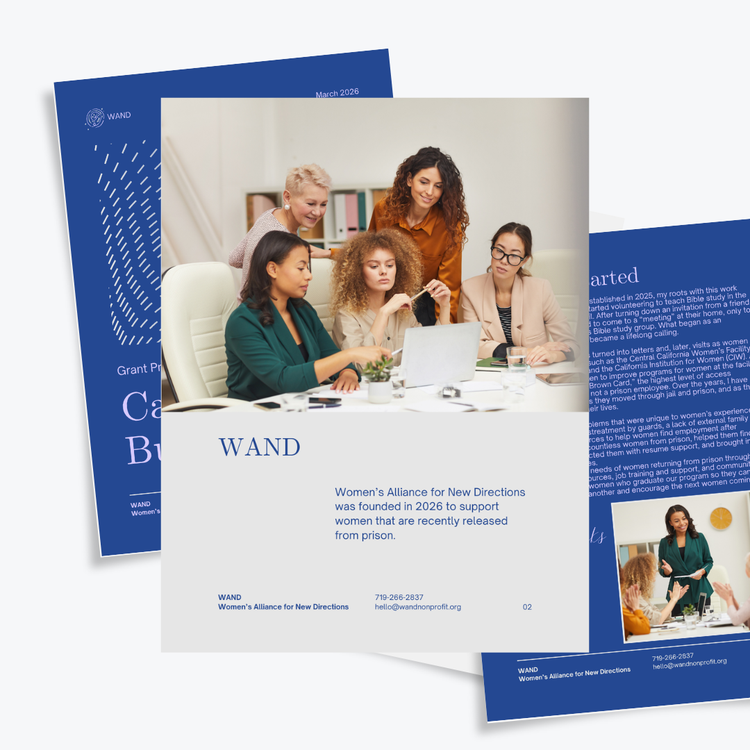 Brochure titled 'WAND' with a photo of five women in a meeting, four seated and one standing, in a conference room with a white background and bookshelves.