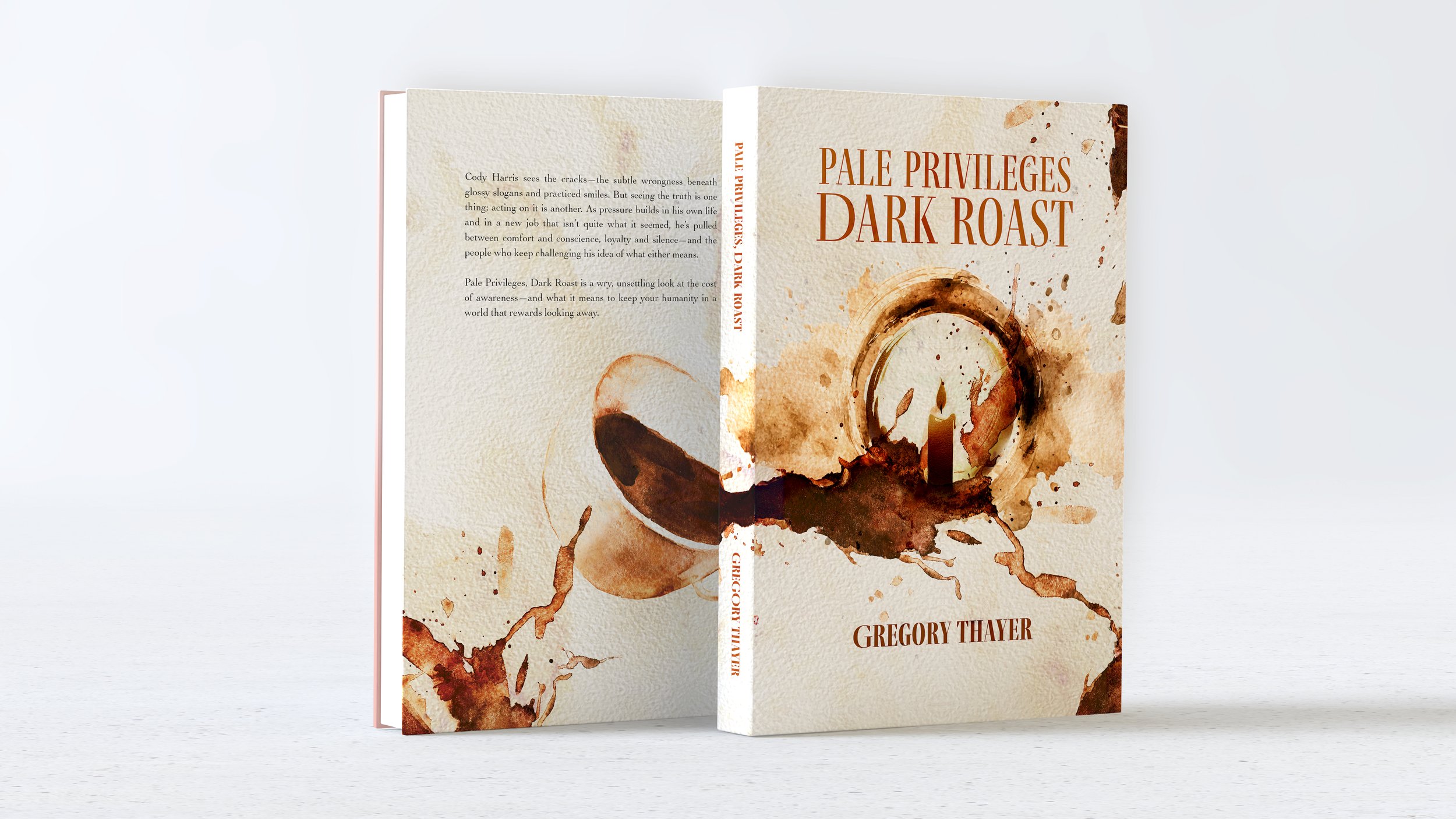 Book cover titled "Pale Privileges Dark Roast" by Gregory Thayer, featuring abstract coffee-themed watercolor artwork with a candle in the background.
