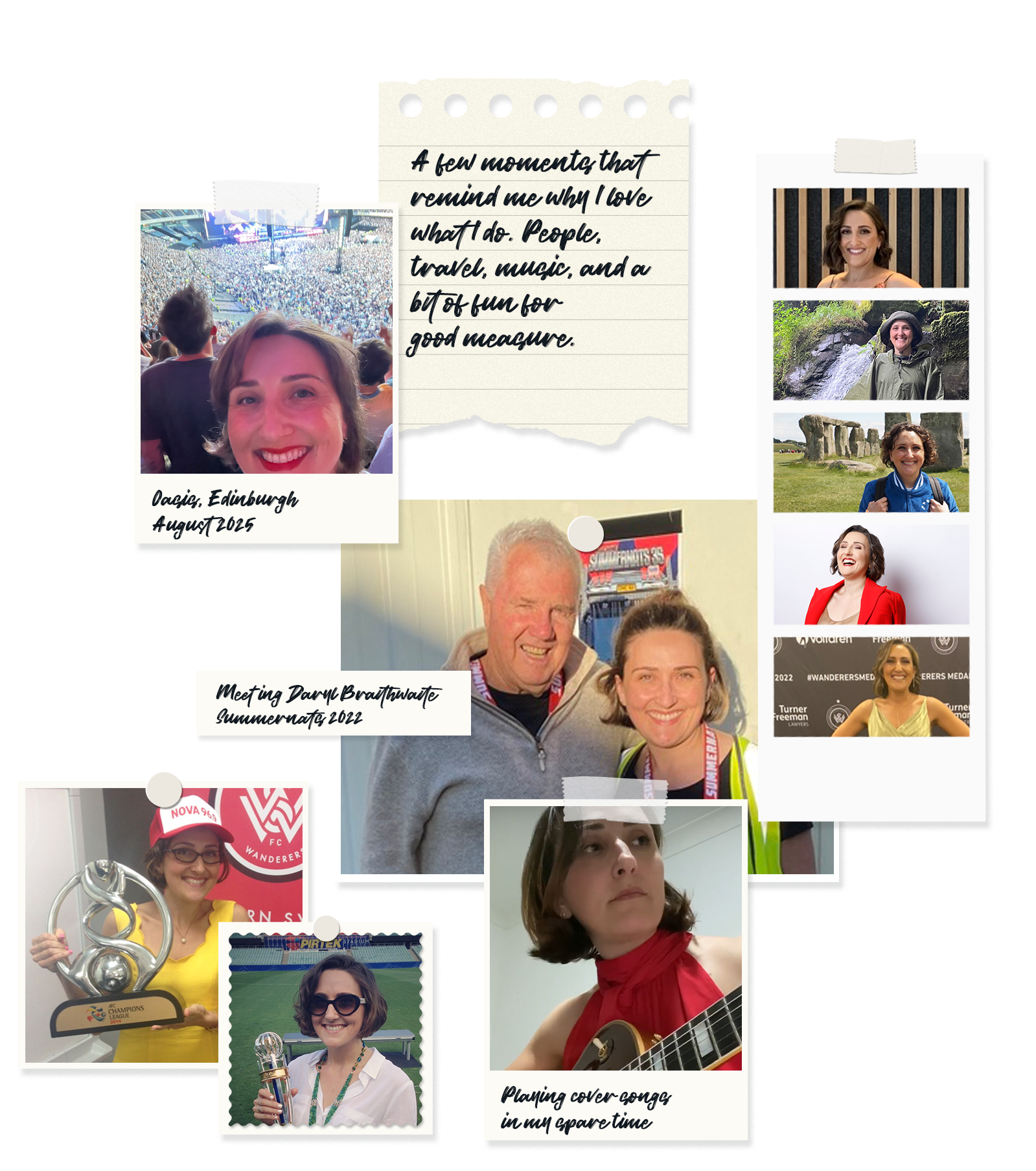 Portrait collage of Natalie Gatt showing moments from music, travel, sport and creative projects.