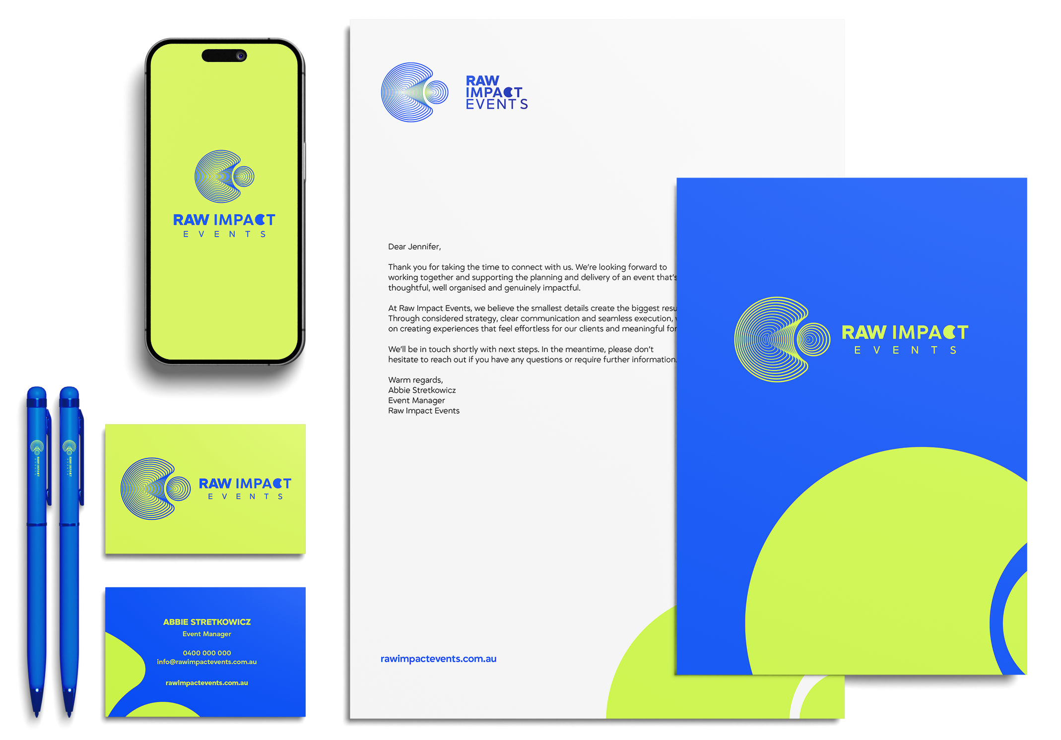 Brand identity design for Raw Impact Events applied to stationery, business cards and digital assets by Nat Gatt Brand Studio.