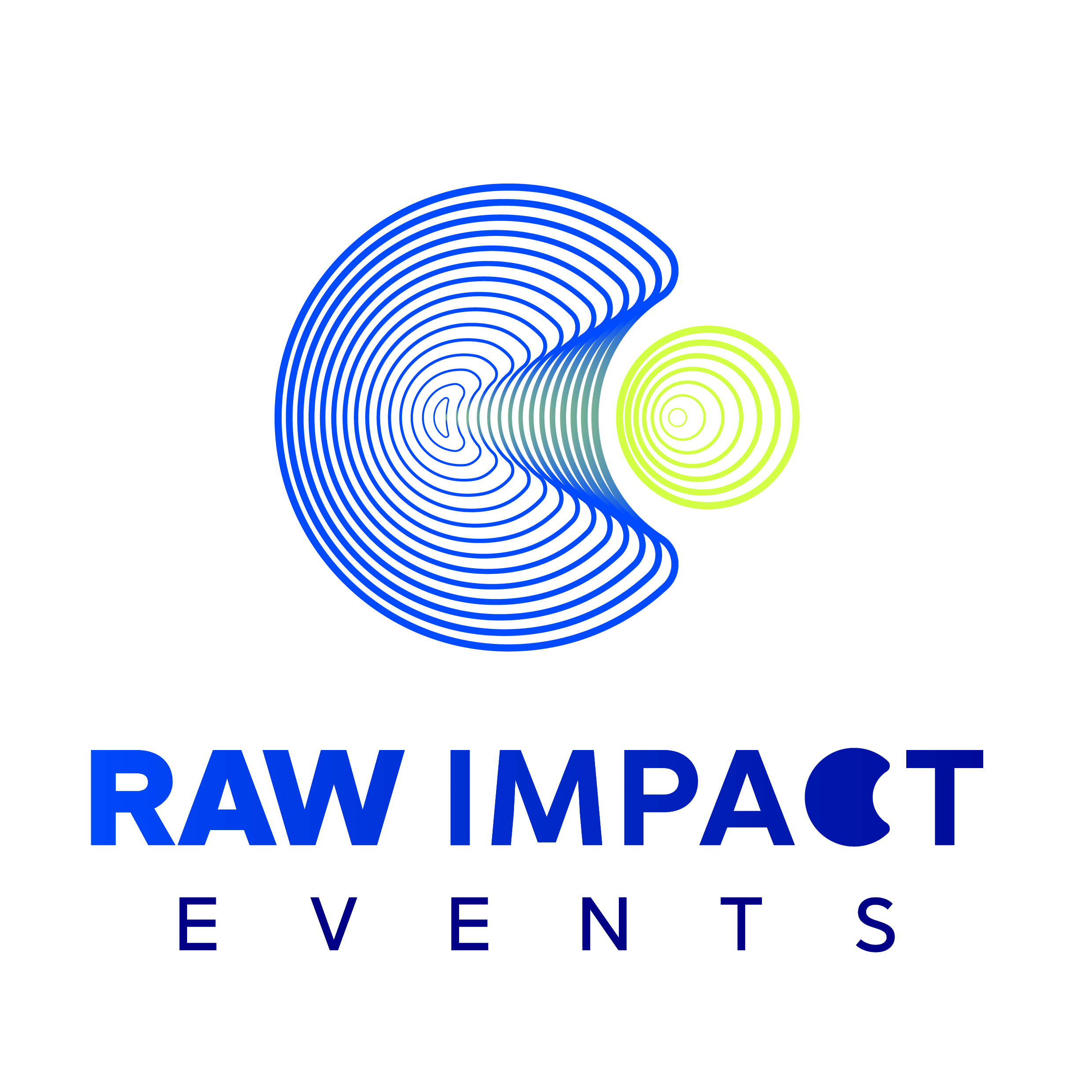 Raw Impact Events stacked logo featuring ripple effect icon in blue and lime representing impact and event energy.
