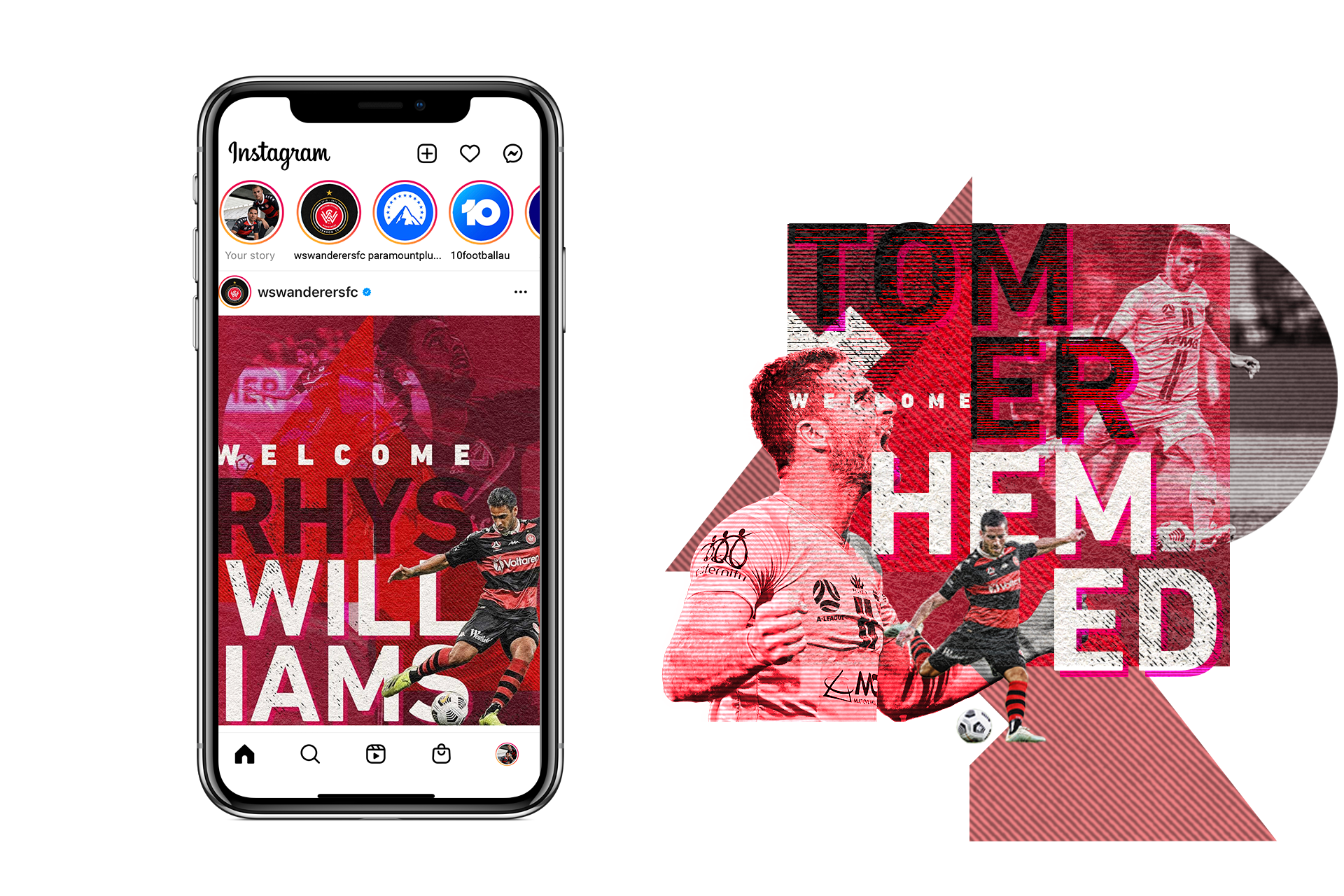 Western Sydney Wanderers Season X player announcement social media graphics using the 10 Years Strong visual identity.