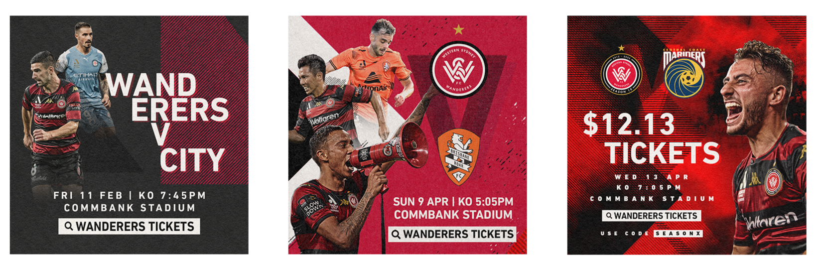 Western Sydney Wanderers Season X digital advertising and social media graphics promoting home matches.