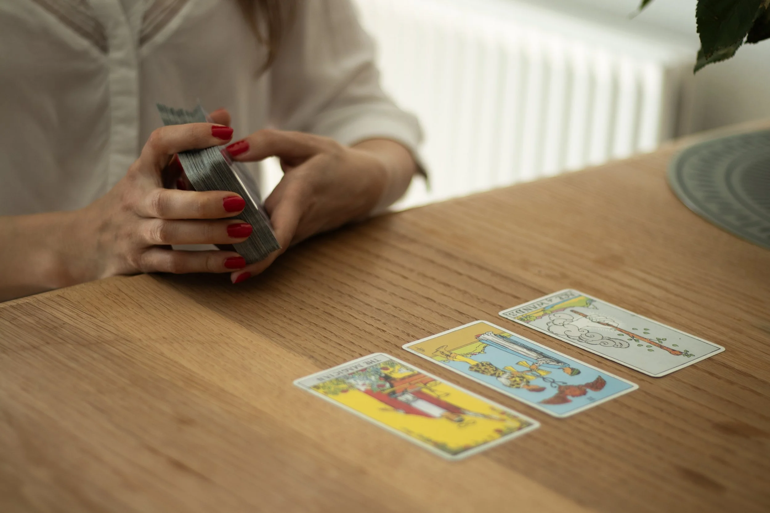 En collage med lyserøde roser, tarotkort og en due, der bliver sat fri.