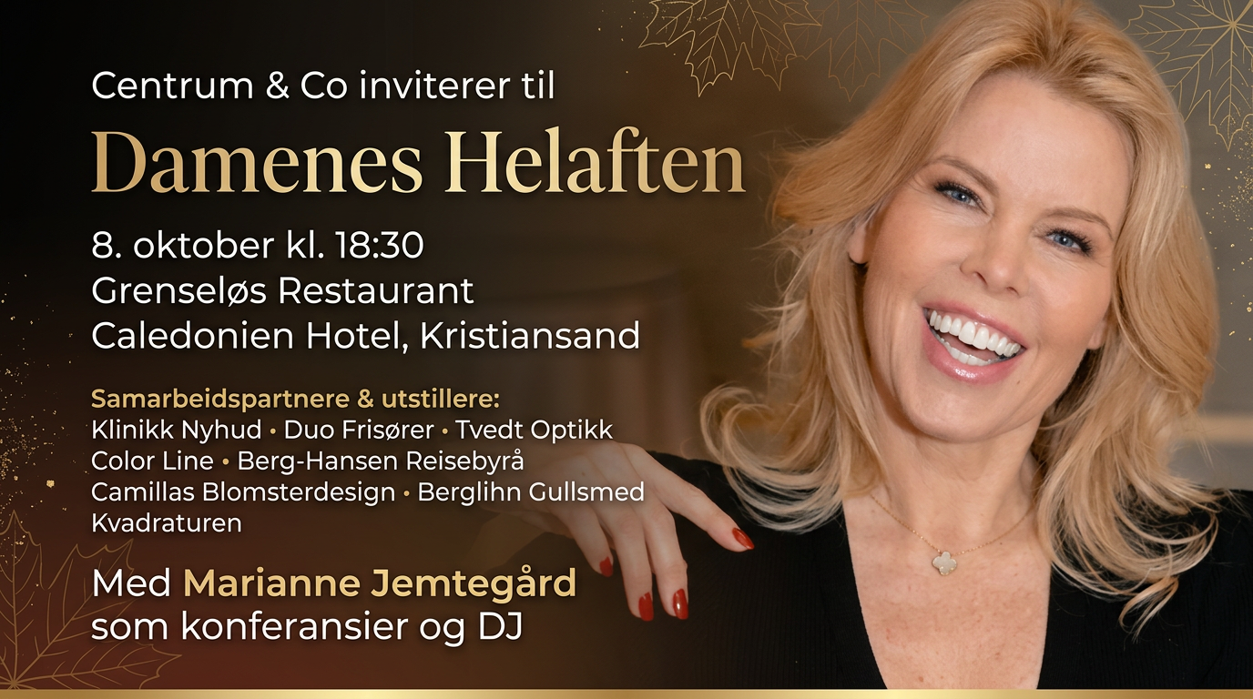 Invitasjon til Damenes Helgenfest den 8. oktober klokken 18:30 på Caledonien Hotell i Kristiansand, med informasjon om samarbeidspartnere og underholdning med Marianne Jemtgård.