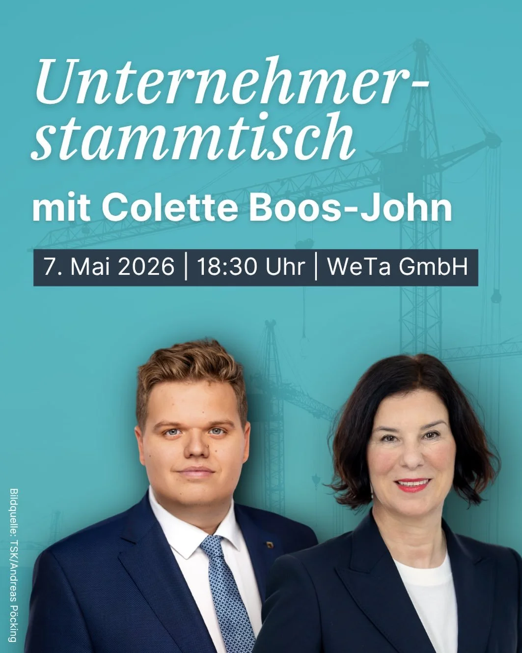 Liebe Unternehmer, 
am 07.05.2026 um 18:30 Uhr lade ich Sie herzlich zum Austausch auf das Gel&auml;nde der WeTa GmbH, Oststra&szlig;e 6, 99427, ein.
Mit dabei: Th&uuml;ringens Wirtschaftsministerin Colette Boos-John &ndash; eine tolle Gelegenheit, P