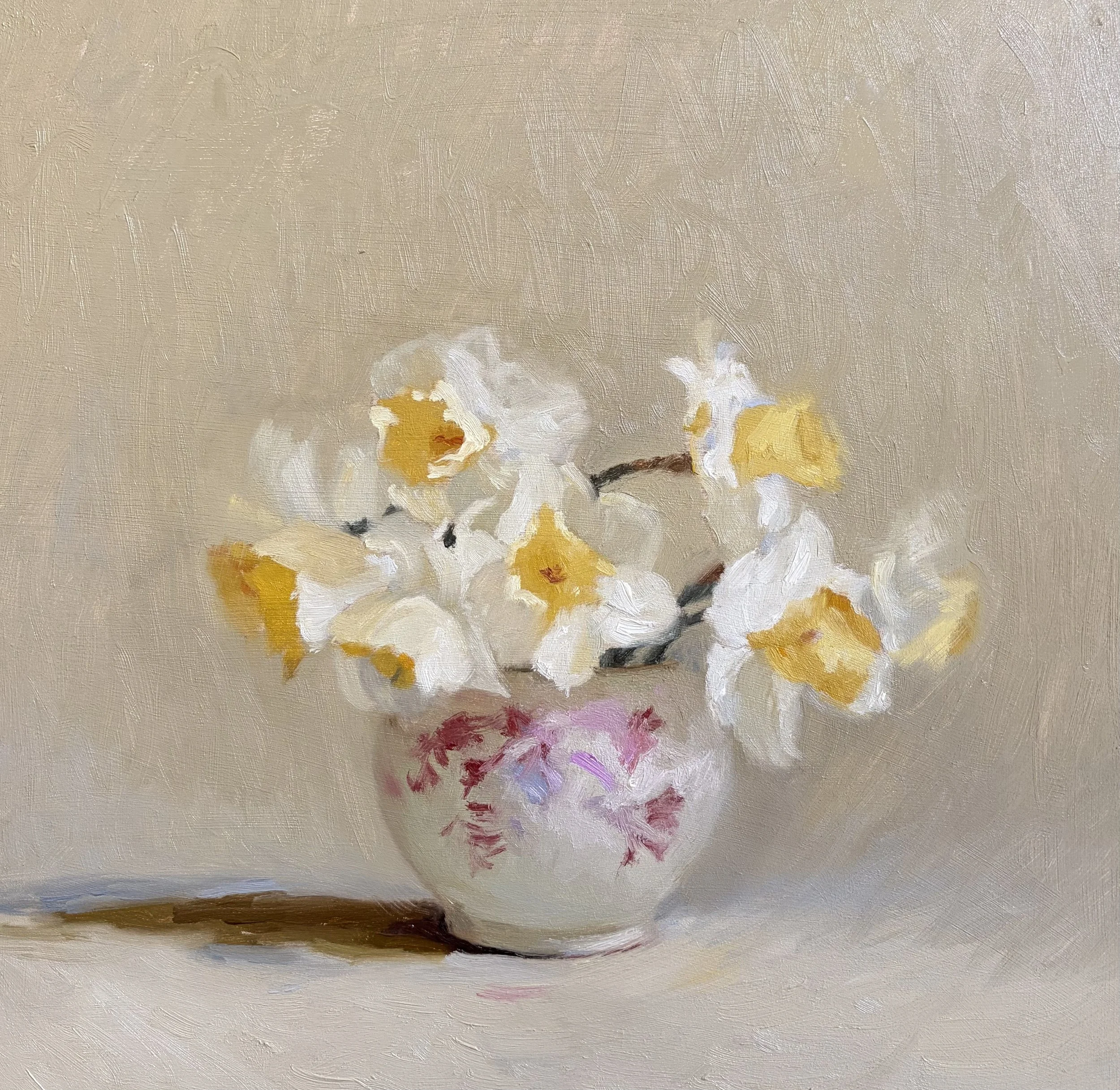 Daffodils in a pink pot three