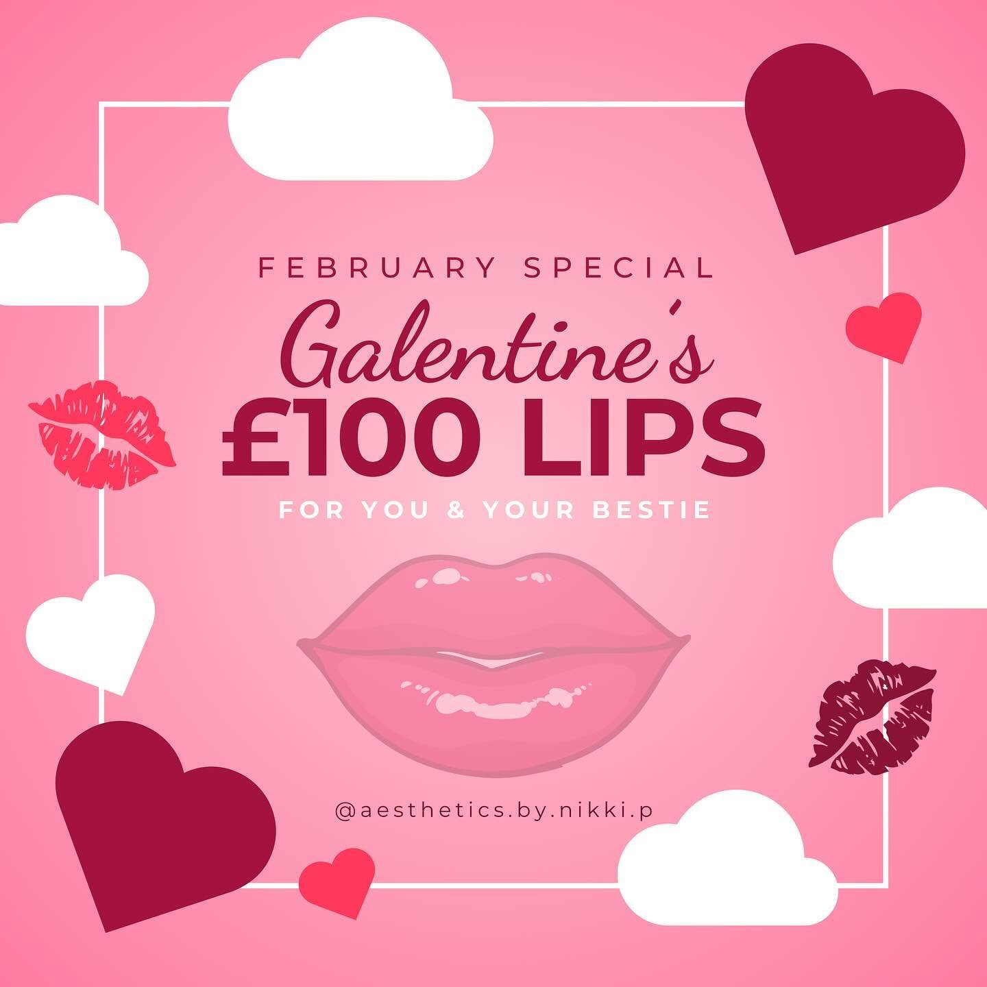 Galentine&rsquo;s Special 👄
Book in with your bestie for &pound;100 lips this February 💖

*** Must book in together - can be different days ***
Simply give the name of your bestie when booking!

Offer between 1st Feb - 29th Feb!
Simply message me t