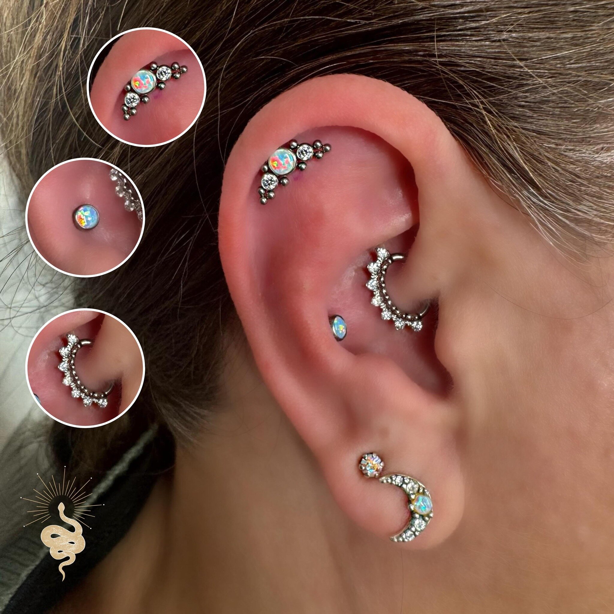 New Helix piercing with a gorgeous Opal &amp; Crystal cluster ✨
Conch piercing with matching Opal ✨
Daith upgraded with Crystal Clicker ✨

📍 Studio 59 Tattoos
3-5 Victoria Road, MK2 2NG Milton Keynes
💌 Message to book in - or ring 01908 990232 📞

