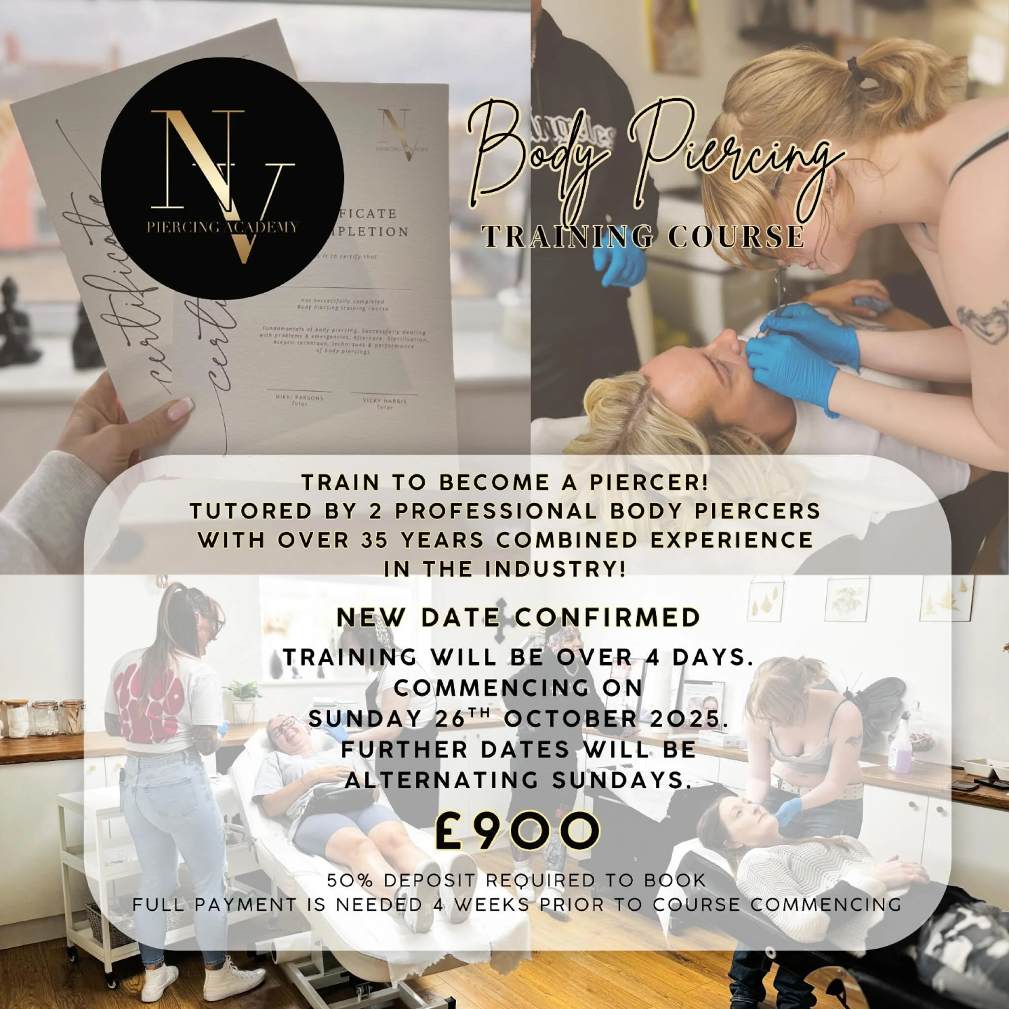 ⭑ 𝐁𝐎𝐃𝐘 𝐏𝐈𝐄𝐑𝐂𝐈𝐍𝐆 𝐓𝐑𝐀𝐈𝐍𝐈𝐍𝐆 𝐂𝐎𝐔𝐑𝐒𝐄 𝐃𝐀𝐓𝐄 ⭑

We are now taking bookings for the next Body Piercing Training Course commencing Sunday 26th October 2025! 

Train with tutors Nikki @pierced.by.nikki &amp; Vicky @time2modify with