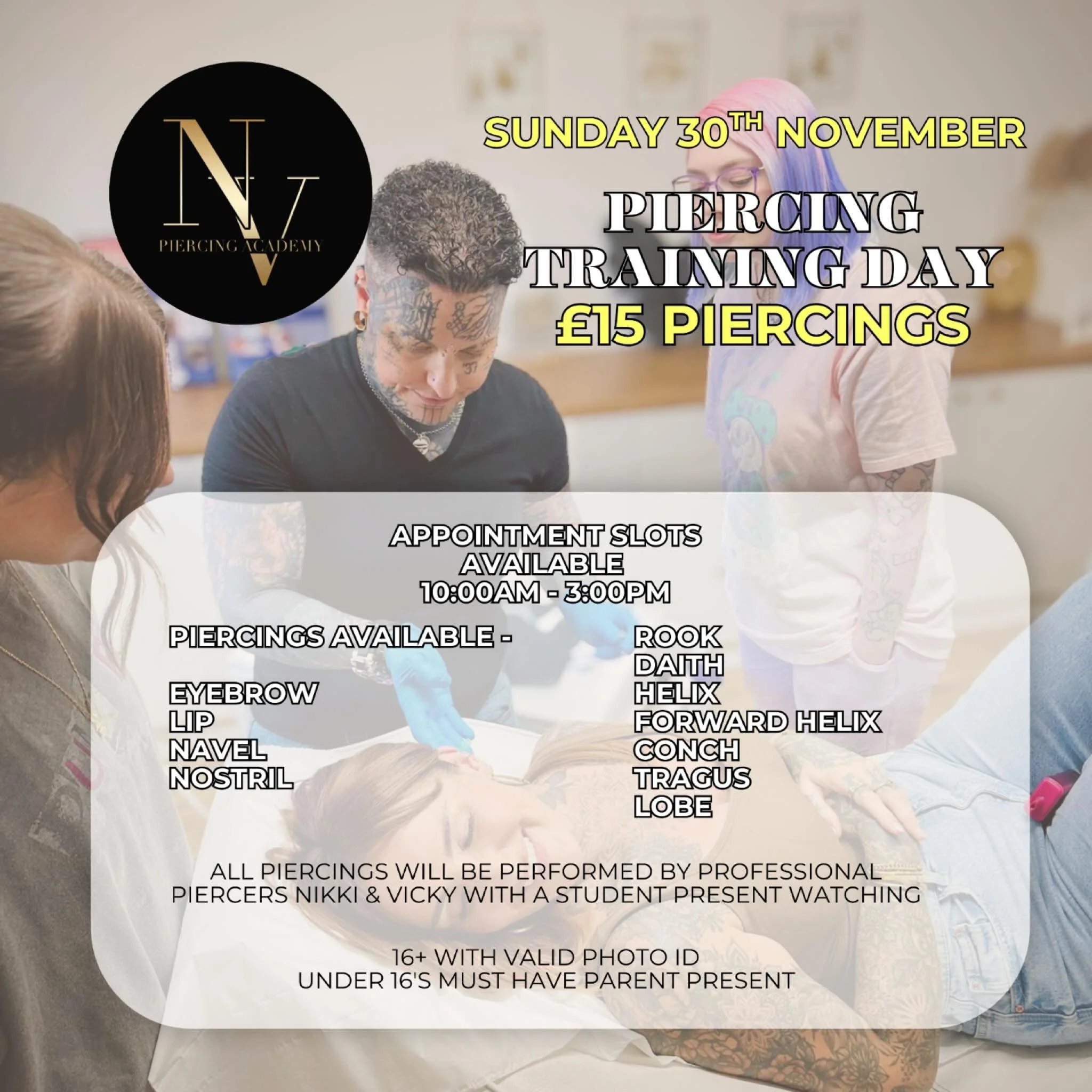 ❕&pound;𝟏𝟓 𝐏𝐈𝐄𝐑𝐂𝐈𝐍𝐆 𝐓𝐑𝐀𝐈𝐍𝐈𝐍𝐆 𝐃𝐀𝐘❕
Sunday 30th November
~ &pound;15 on all piercings listed ~

Please message to book in your appointment, appointments available 10:00am - 3:00pm

- All piercings will be performed by professional 