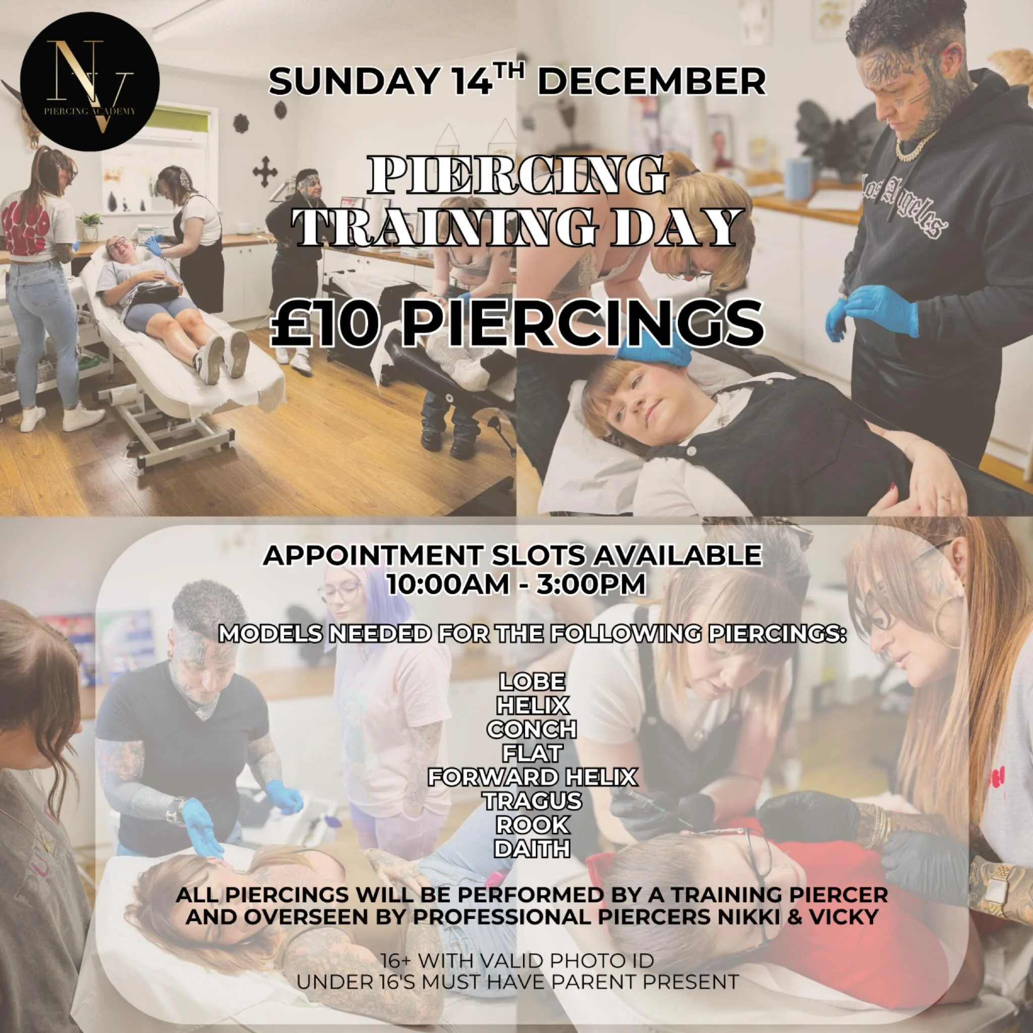 ❕ &pound;𝟏𝟎 𝐏𝐈𝐄𝐑𝐂𝐈𝐍𝐆 𝐓𝐑𝐀𝐈𝐍𝐈𝐍𝐆 𝐃𝐀𝐘 ❕
Sunday 14th December
Please be aware payment is CASH ONLY 

Please message to book in your appointment, slots available 10:00am - 3:00pm.

** All piercings are performed by a training piercer &