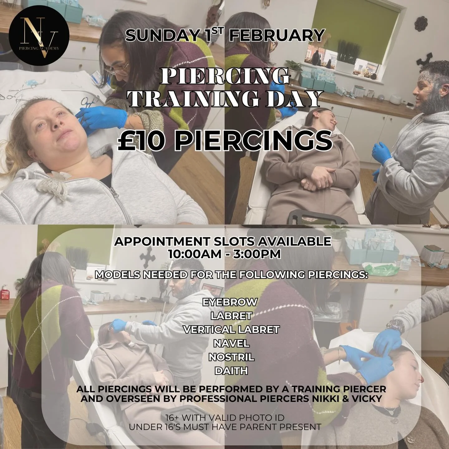 &pound;𝟏𝟎 𝐏𝐈𝐄𝐑𝐂𝐈𝐍𝐆 𝐓𝐑𝐀𝐈𝐍𝐈𝐍𝐆 𝐃𝐀𝐘 ❕
Sunday 1st February
Please be aware payment is CASH ONLY 

Please message to book in your appointment, slots available 10:00am - 3:00pm.

** All piercings are performed by a training piercer &amp