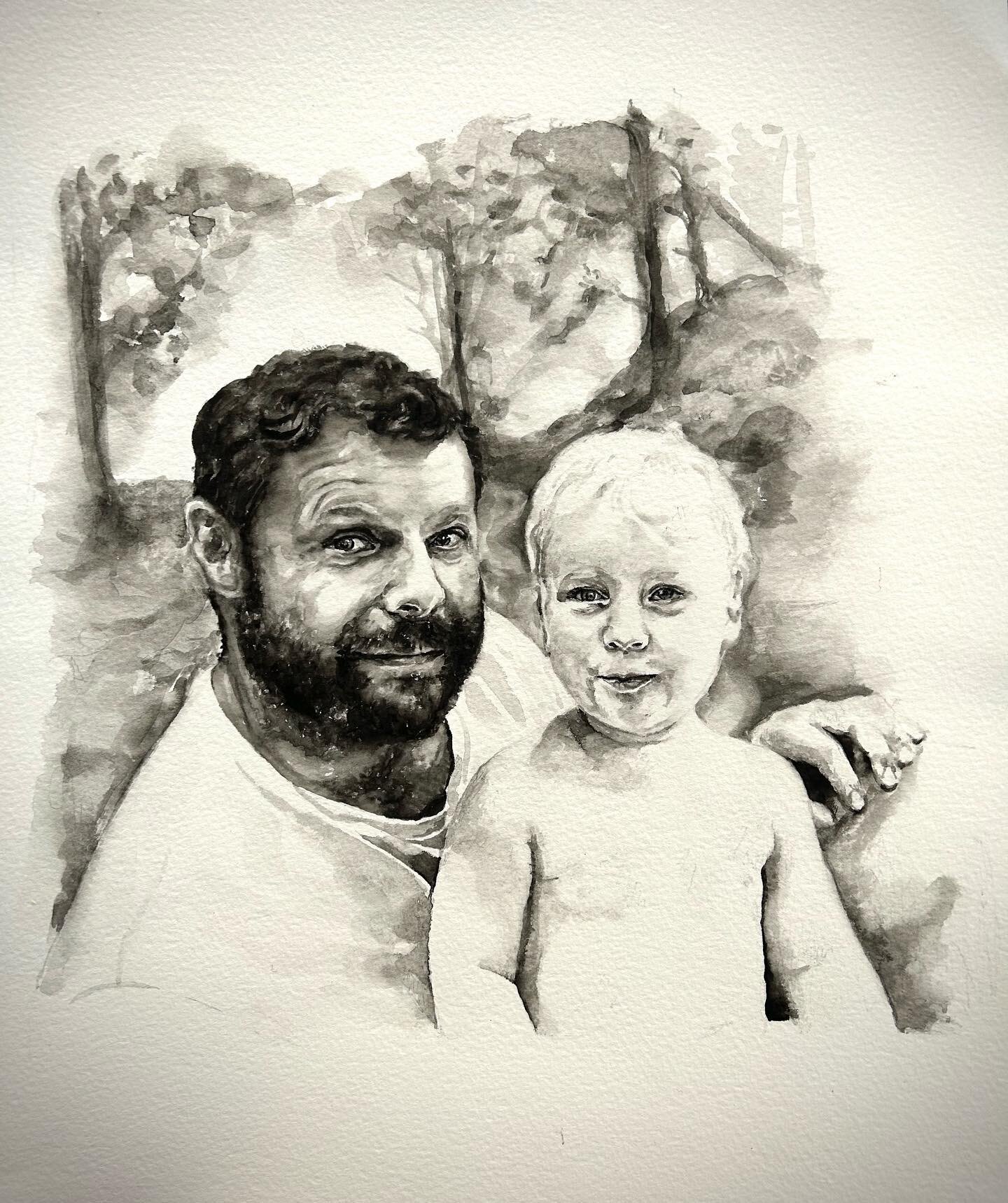 A farther and daughter 😊🌳🍃 #watercolour #blackandwhiteportrait