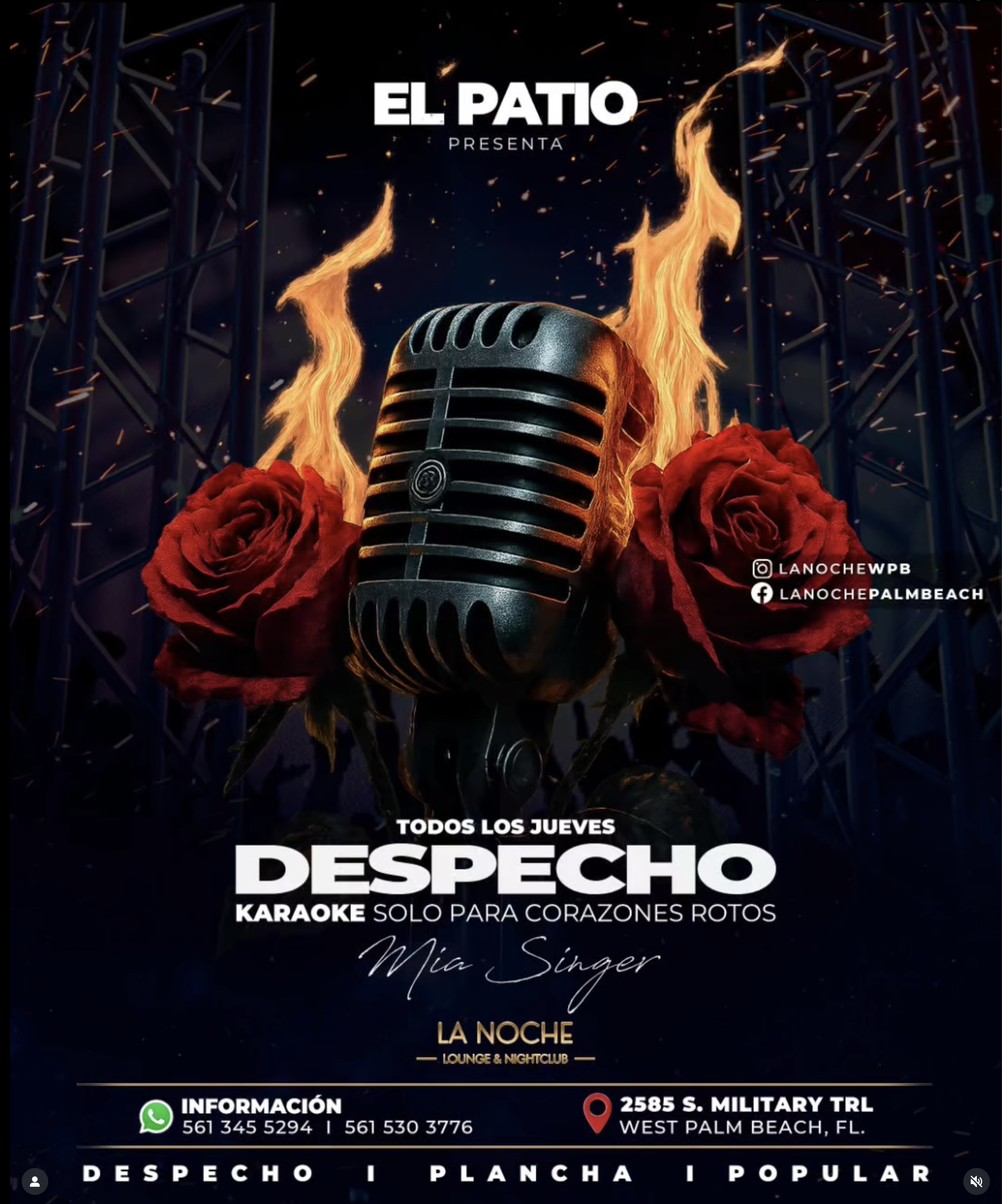 Event poster for a karaoke night at La Noche Lounge & Nightclub, featuring a vintage microphone surrounded by red roses and flames. The event occurs every Thursday, hosted by Mia Singer, with contact information and location in West Palm Beach, Florida.