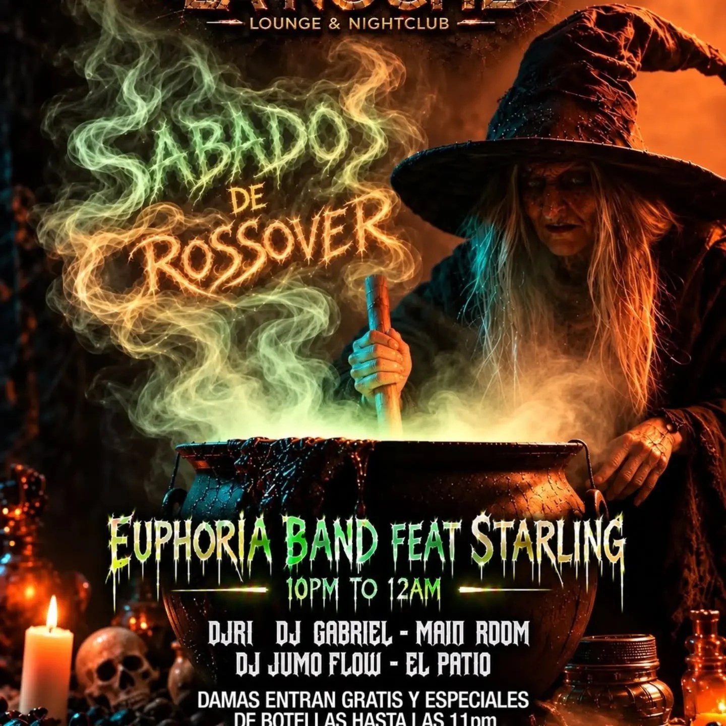 Writing
🧙&zwj;♀️🔥 &iexcl;ESTE S&Aacute;BADO LA RUMBA SE APODERA DE LA NOCHE! 🕸️

Prep&aacute;rate para una noche de magia, misterio y mucha rumba con nuestro espectacular S&Aacute;BADO DE CROSSOVER. 🧪💀🍹

🎤 EUPHORIA BAND FEAT. STARLING EN VIVO 
