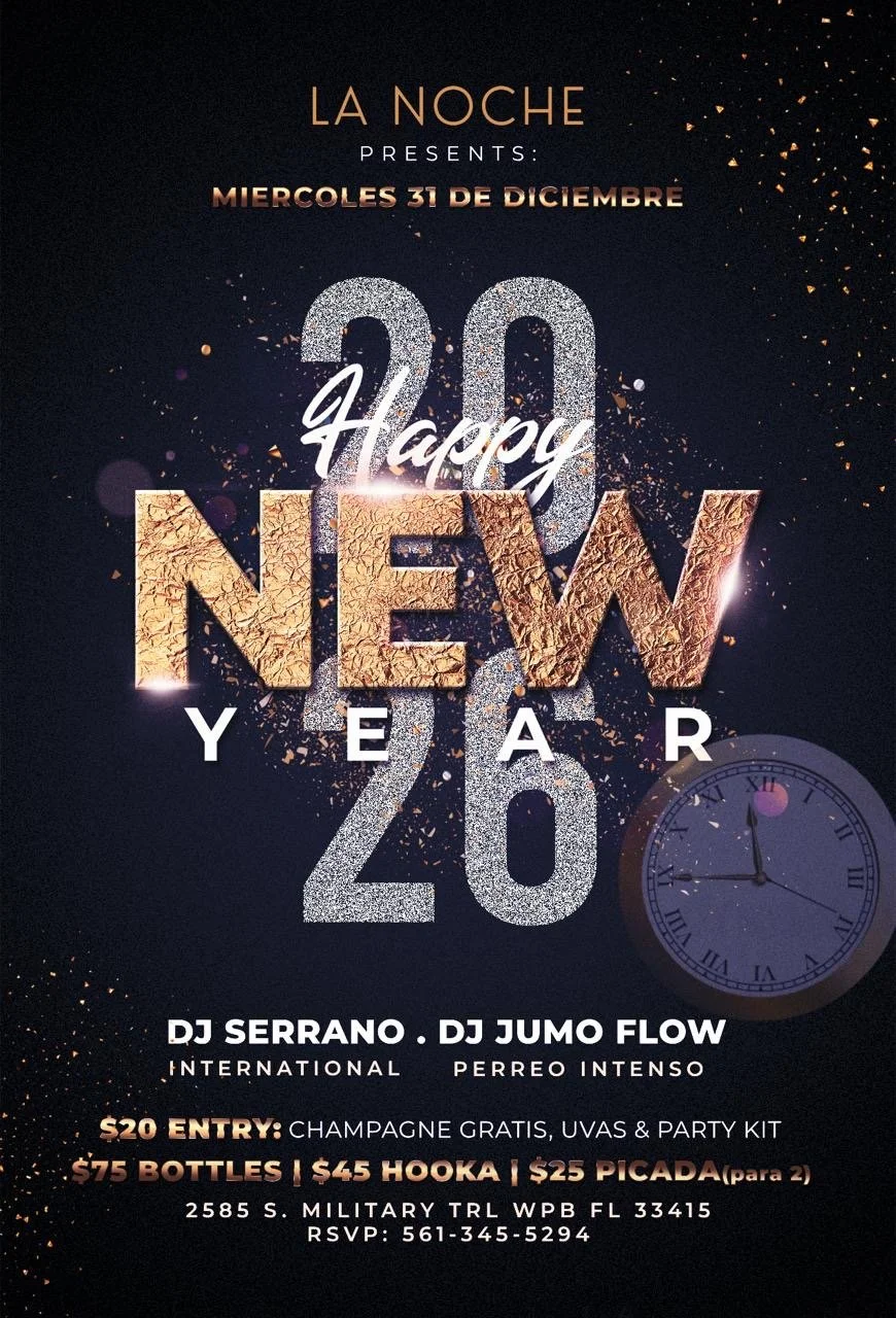 New Year’s Eve celebration at La Noche featuring DJs, champagne toast, party atmosphere, countdown to midnight, and upscale Latin nightlife experience.